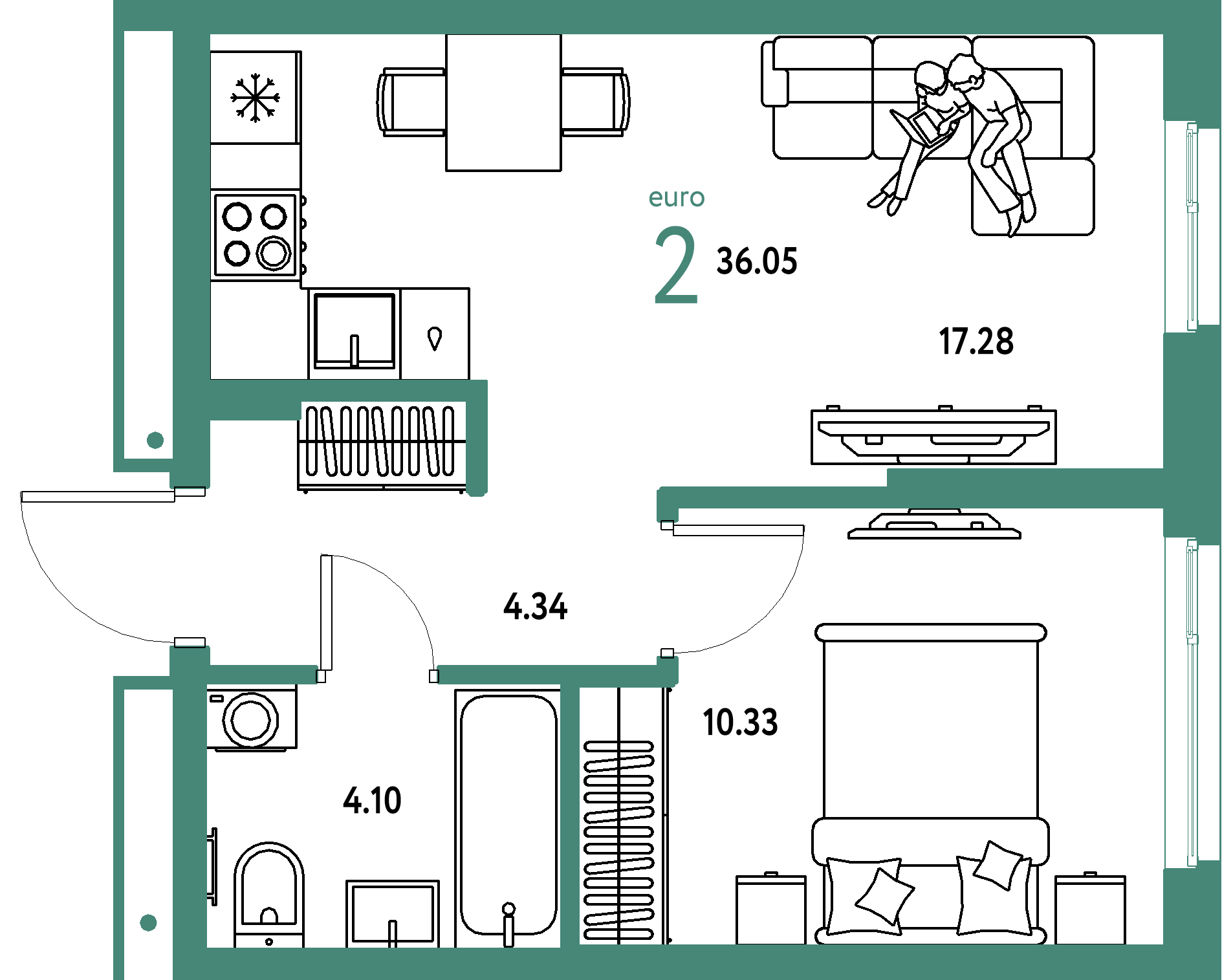 ЖК "Домашний"-2-комнатная 36.05 м²