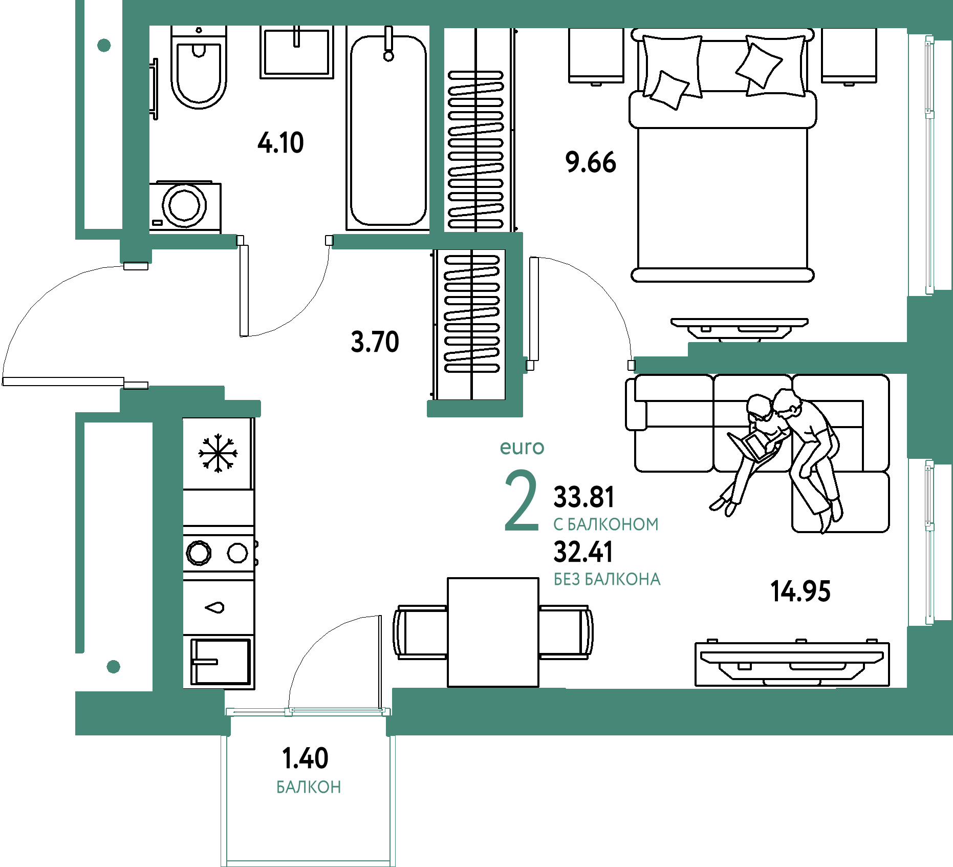 ЖК "Домашний"-2-комнатная 33.81 м²