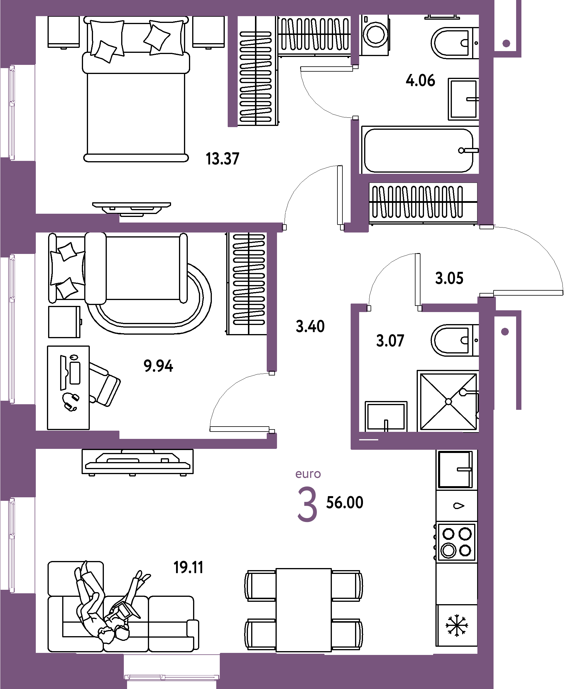 ЖК "Домашний"-3-комнатная 56 м²
