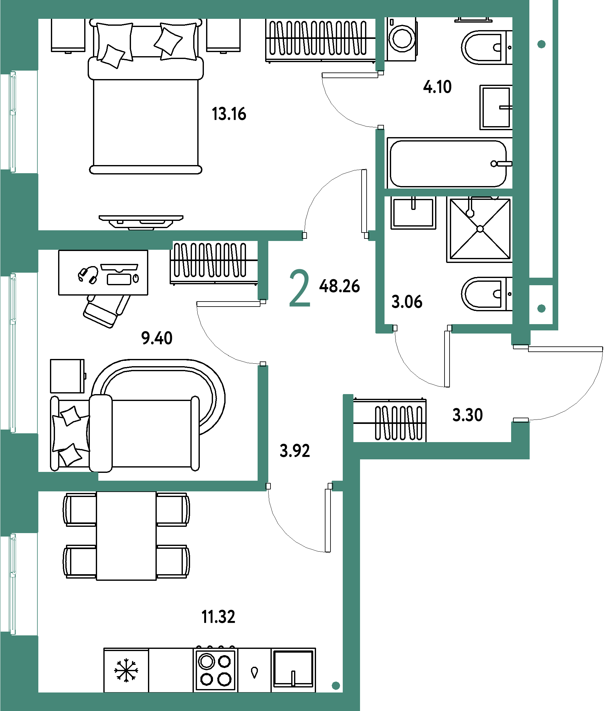 ЖК "Домашний"-2-комнатная 48.26 м²