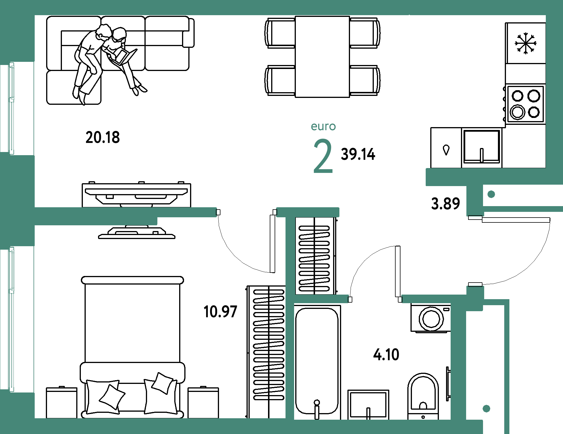 ЖК "Домашний"-2-комнатная 39.14 м²