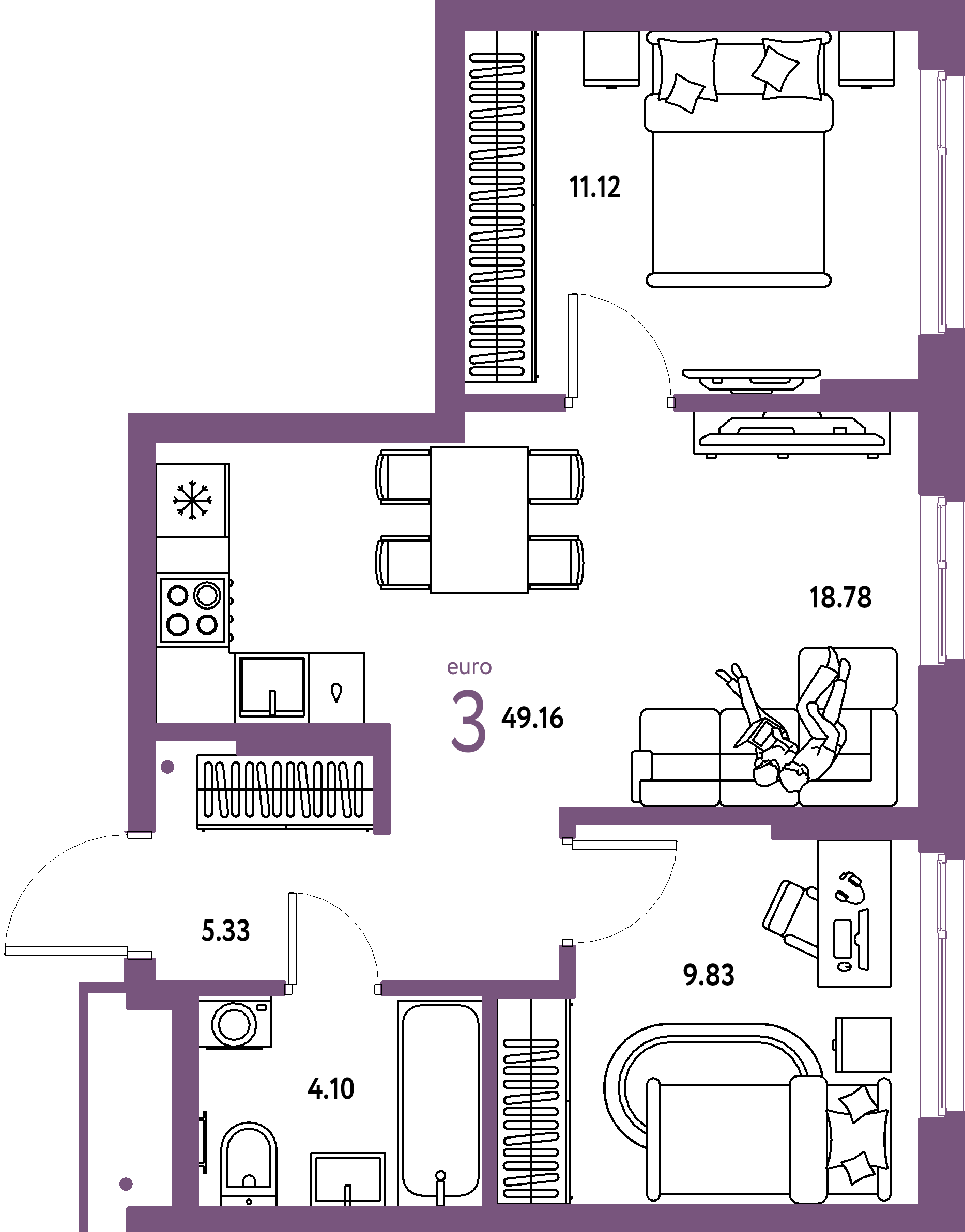 Купить 3-комнатную квартиру 49.16м², этаж №5 кв №168 в ЖК 