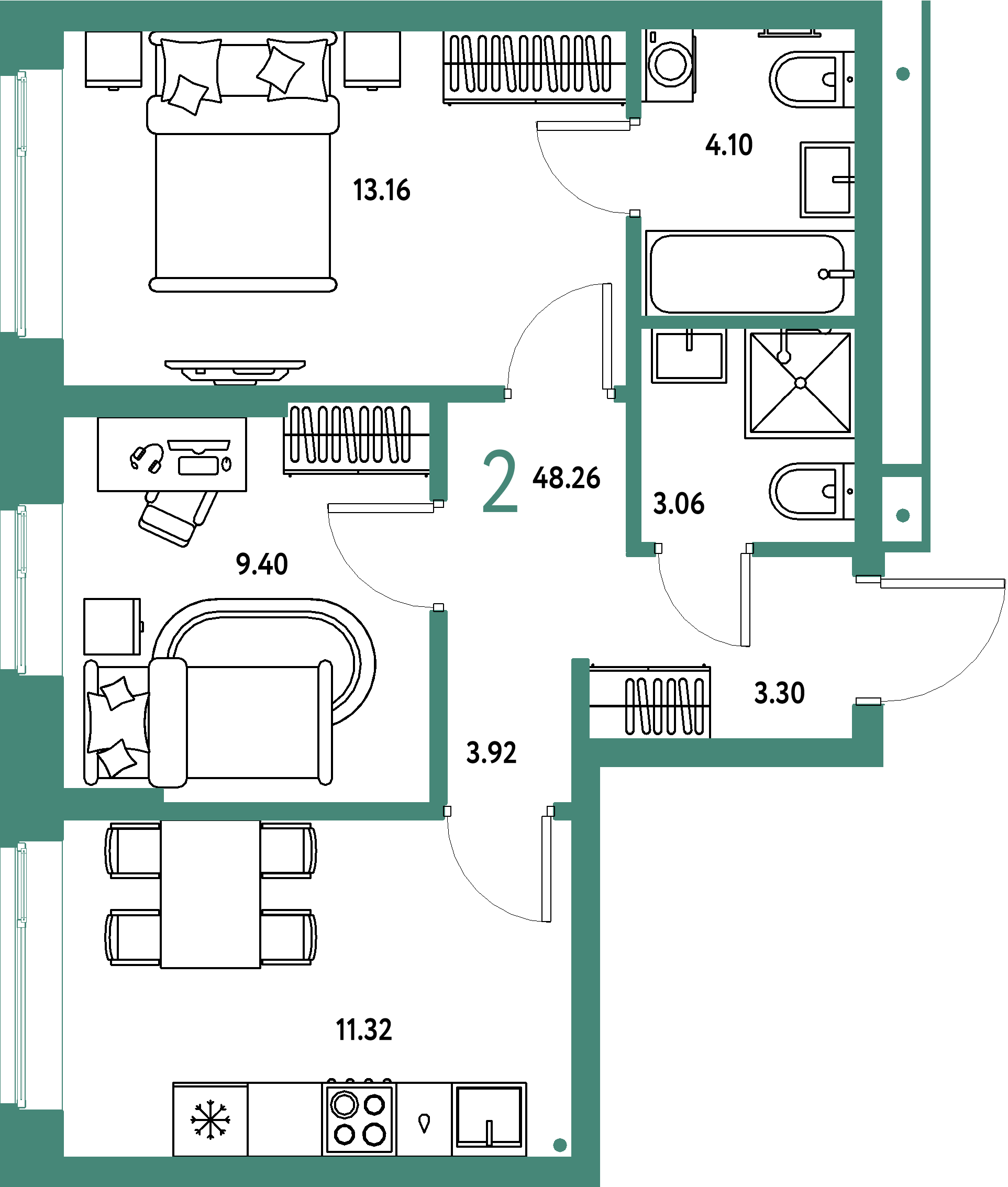 Купить 2-комнатную квартиру 48.26м², этаж №5 кв №172 в ЖК 