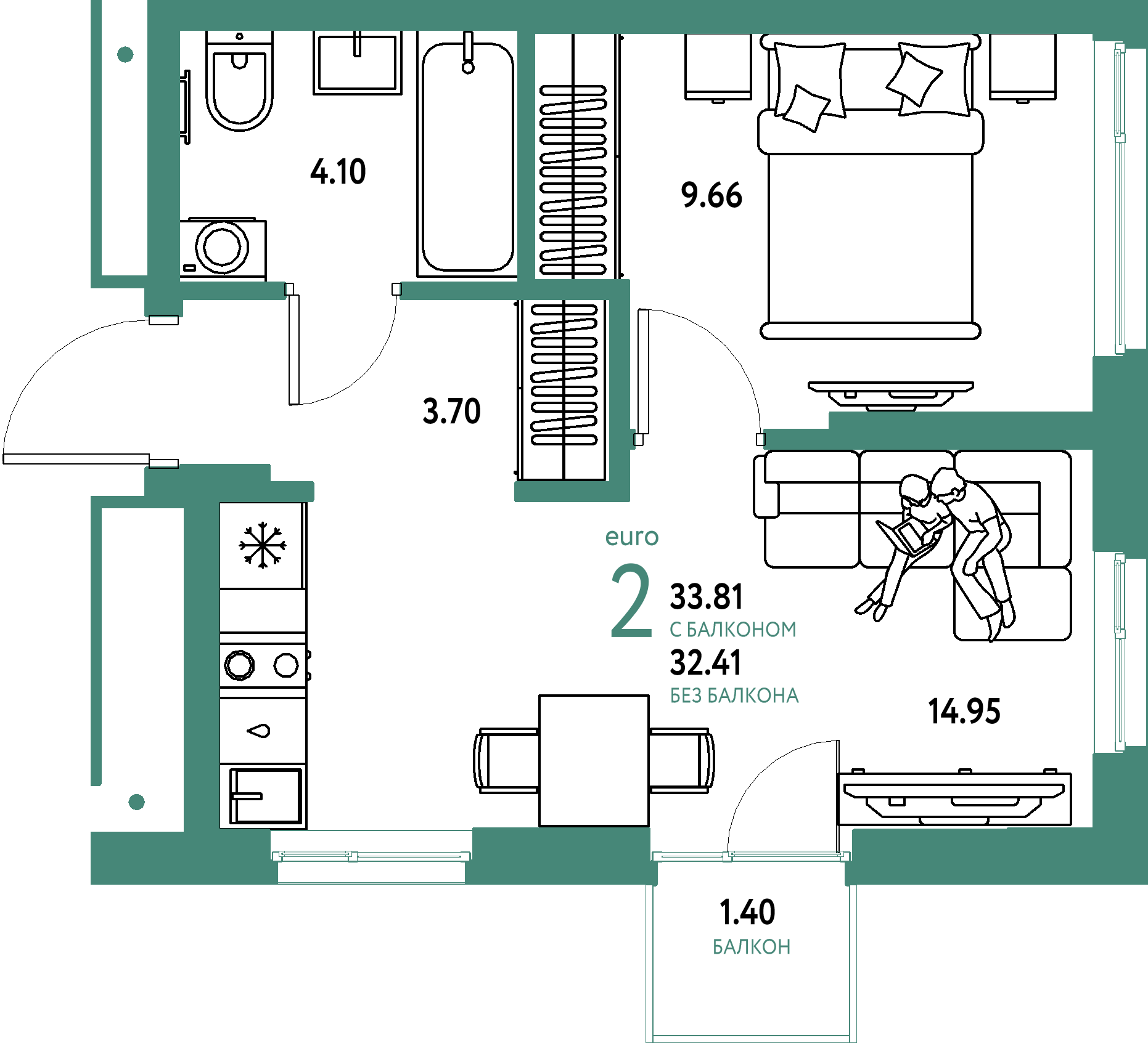 ЖК "Домашний"-2-комнатная 33.81 м²