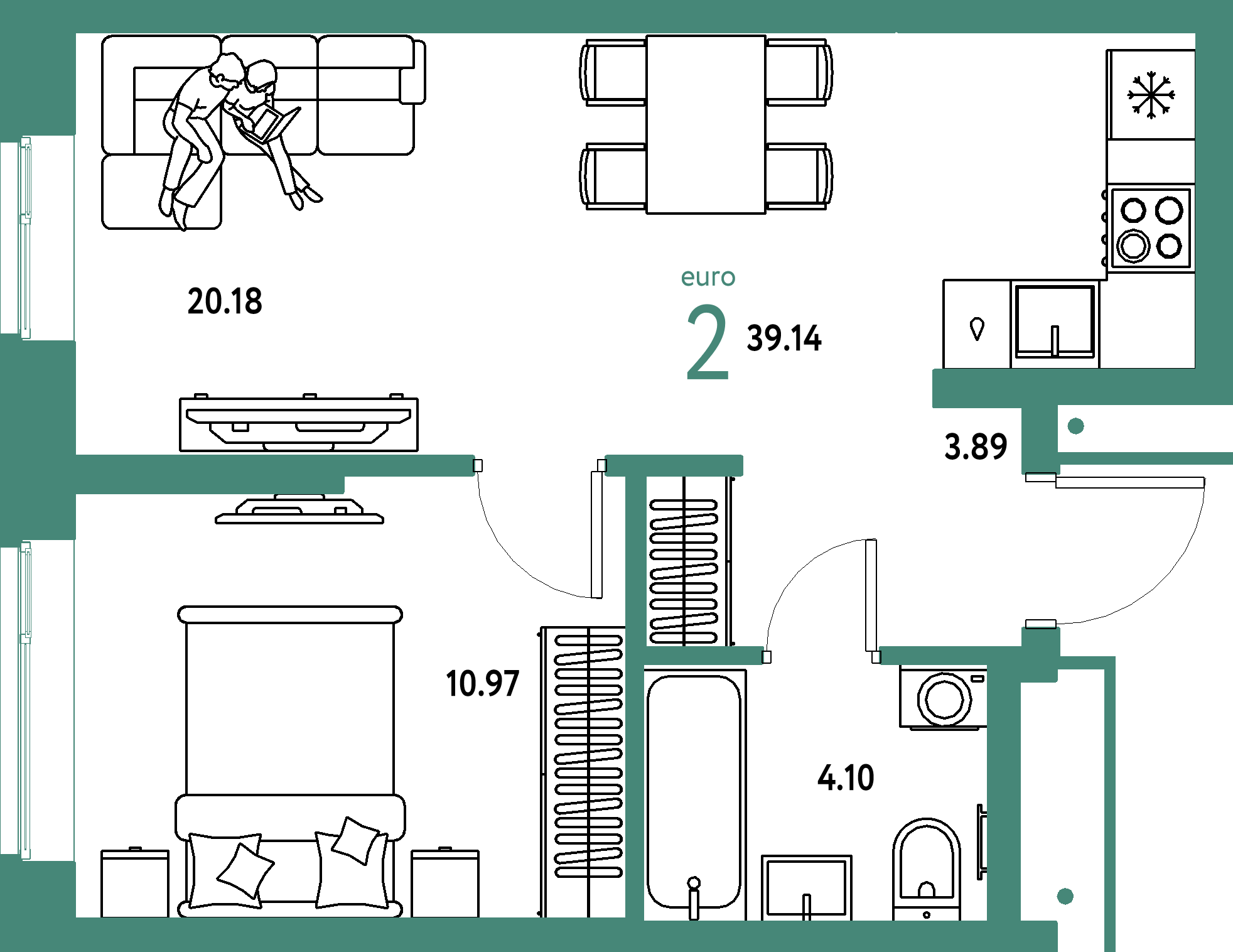 ЖК "Домашний"-2-комнатная 39.14 м²