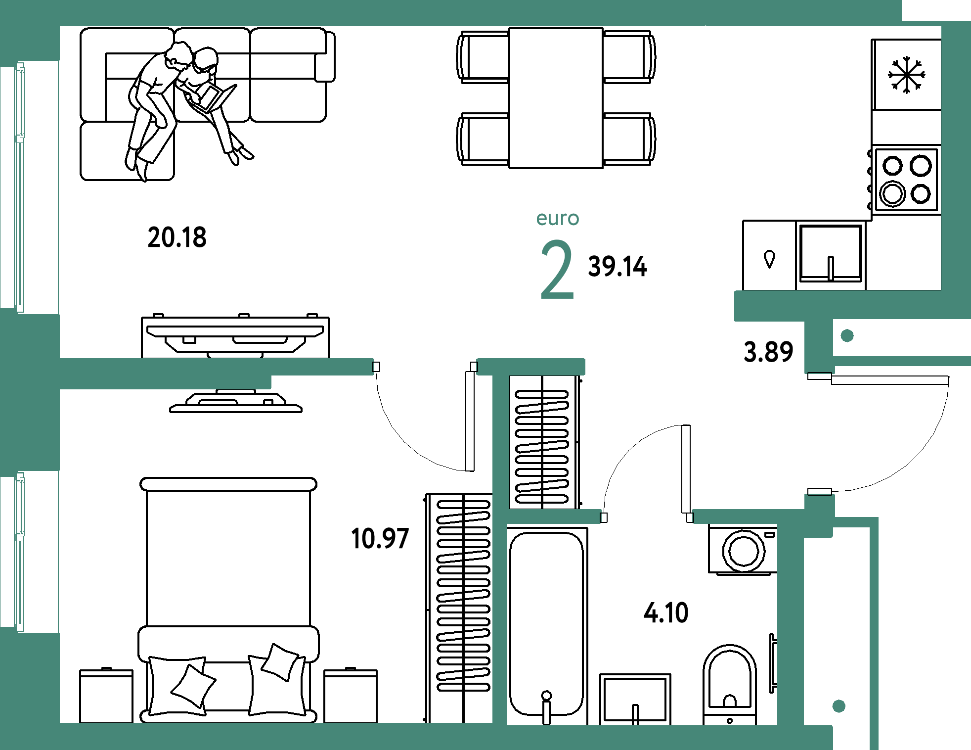 ЖК "Домашний"-2-комнатная 39.14 м²