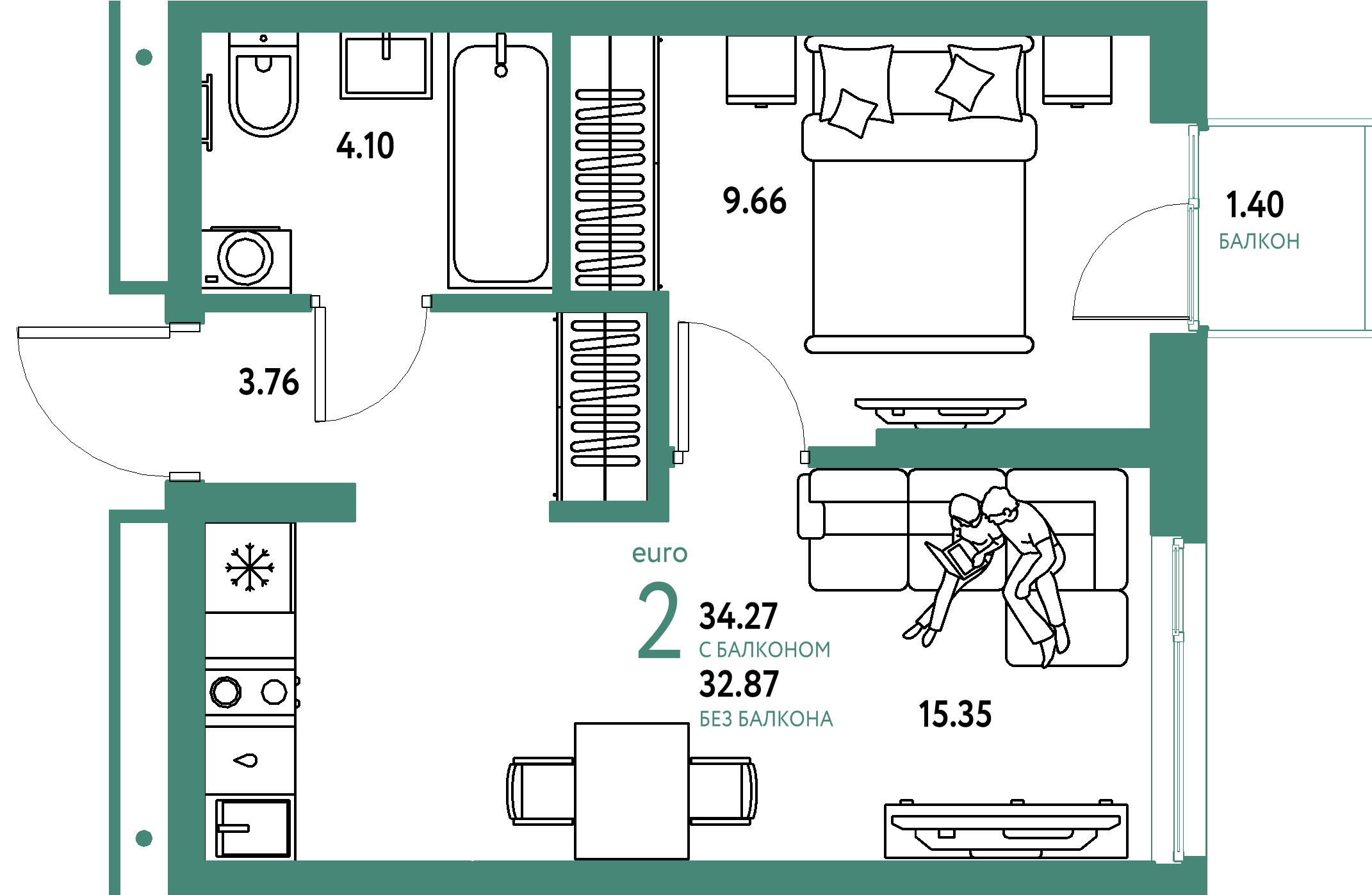 ЖК "Домашний"-2-комнатная 34.27 м²