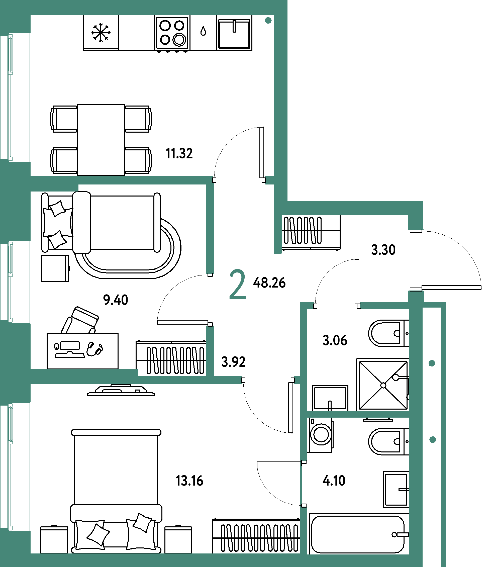 ЖК "Домашний"-2-комнатная 48.26 м²