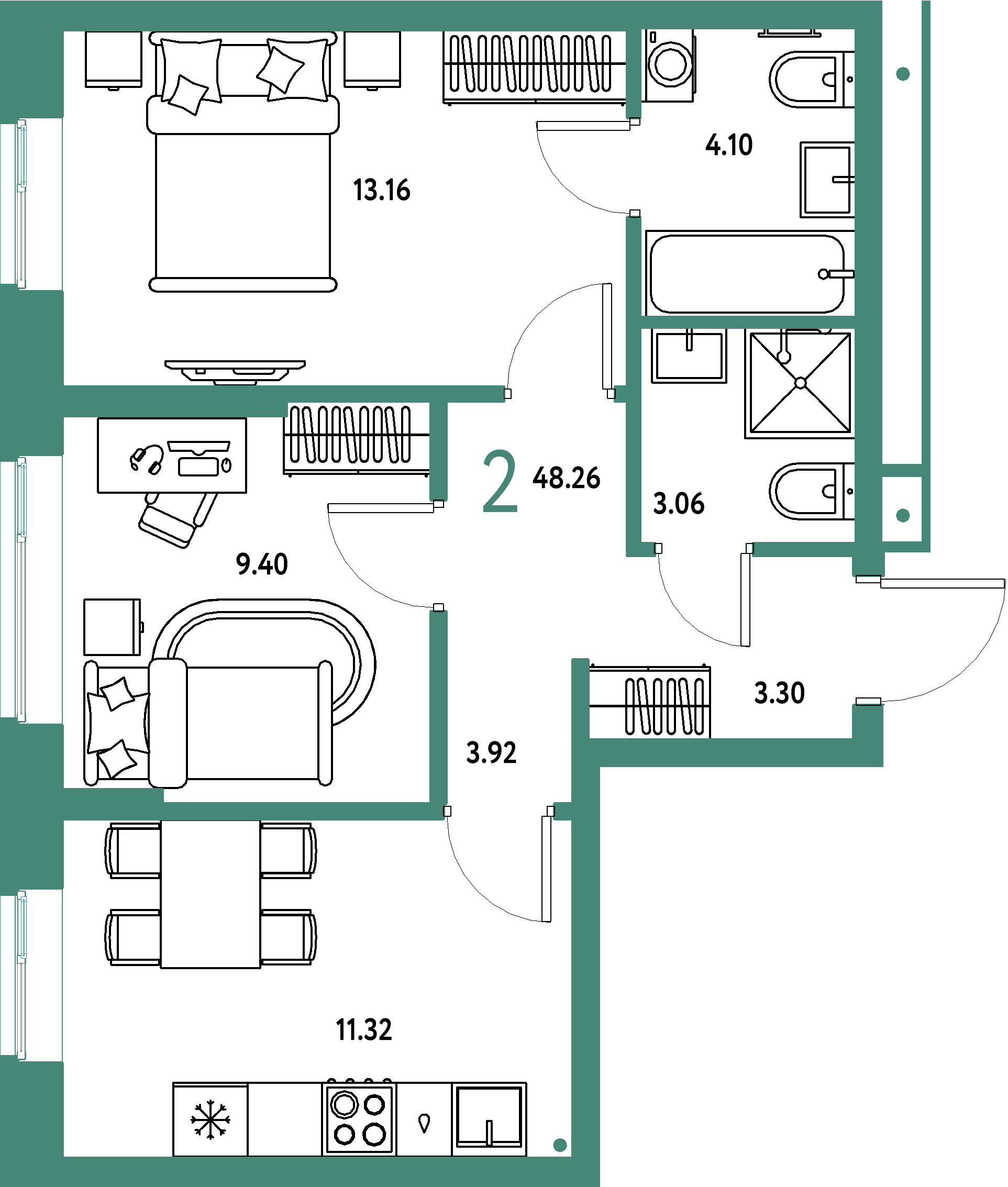ЖК "Домашний"-2-комнатная 48.26 м²