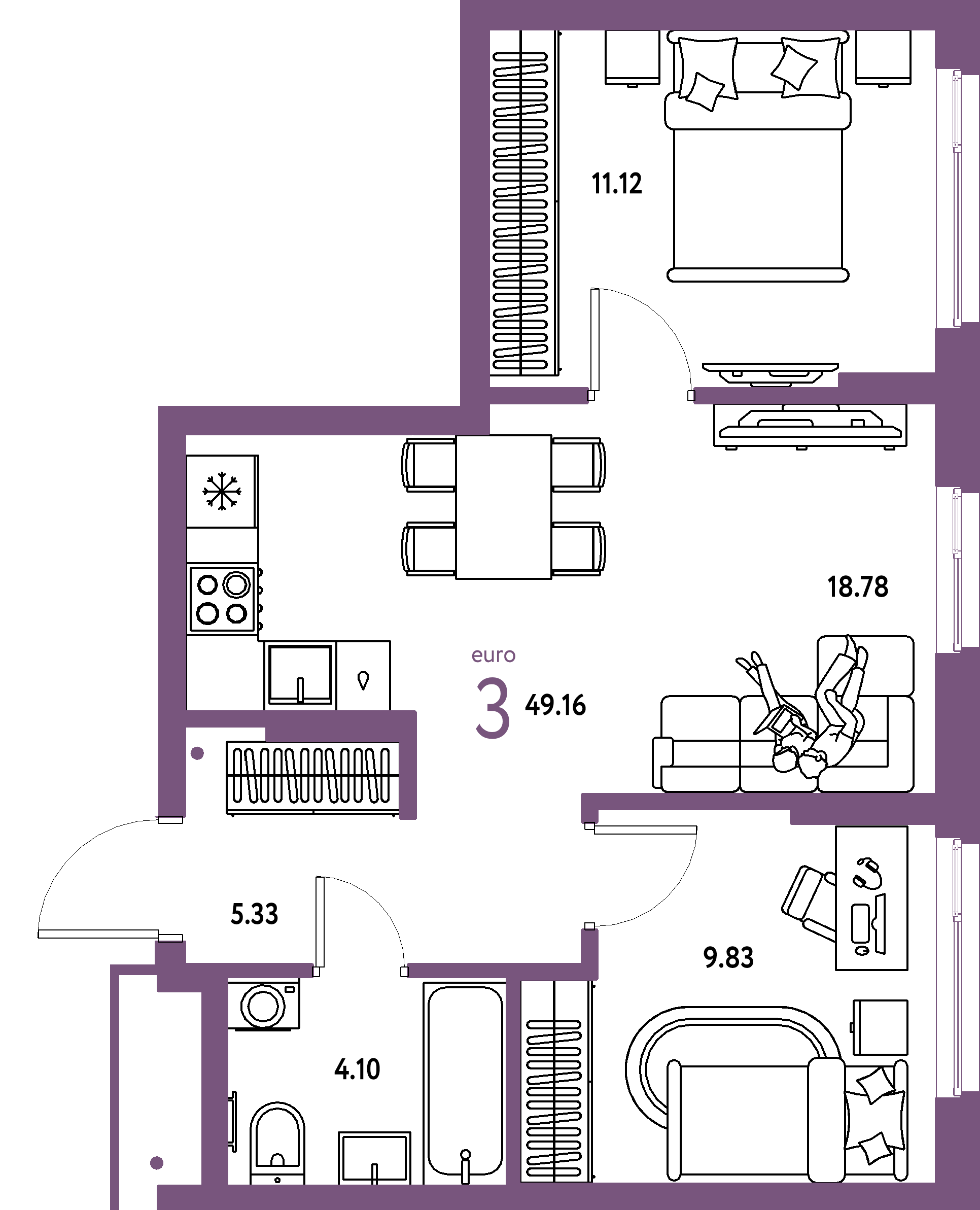 Купить 3-комнатную квартиру 49.16м², этаж №9 кв №208 в ЖК 