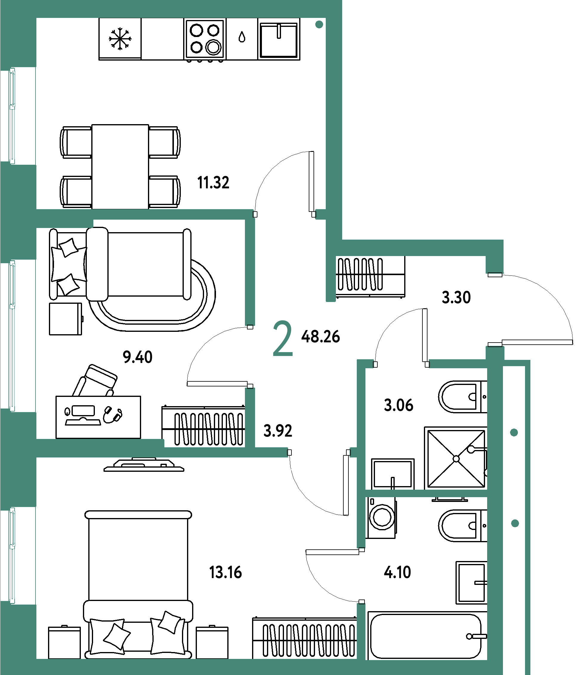 ЖК "Домашний"-2-комнатная 48.26 м²