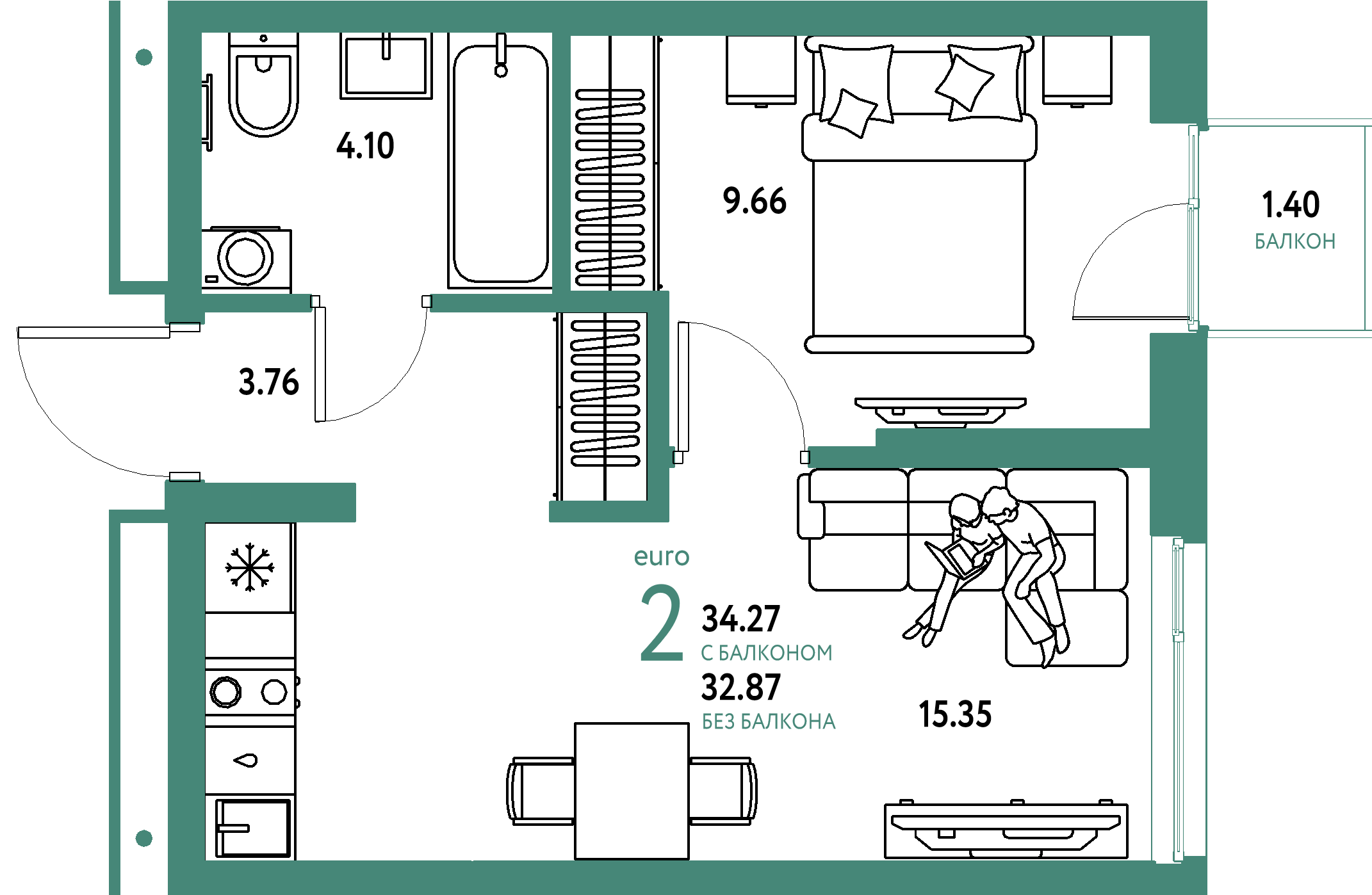 ЖК "Домашний"-2-комнатная 34.27 м²