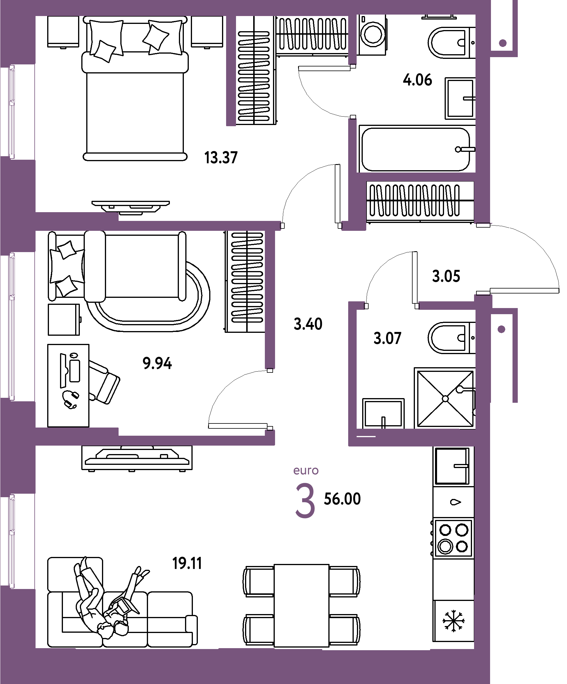 ЖК "Домашний"-3-комнатная 56 м²