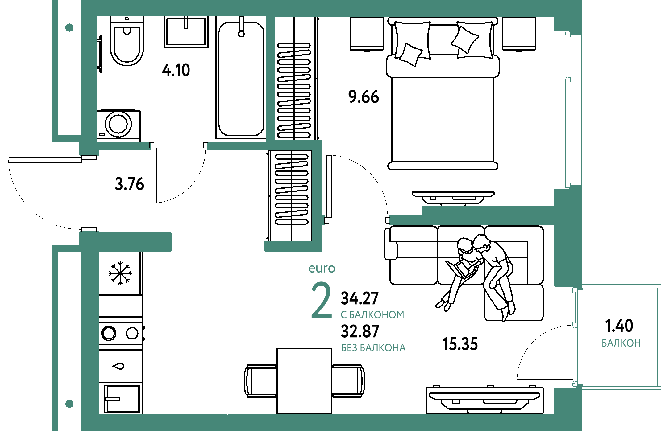 ЖК "Домашний"-2-комнатная 34.27 м²