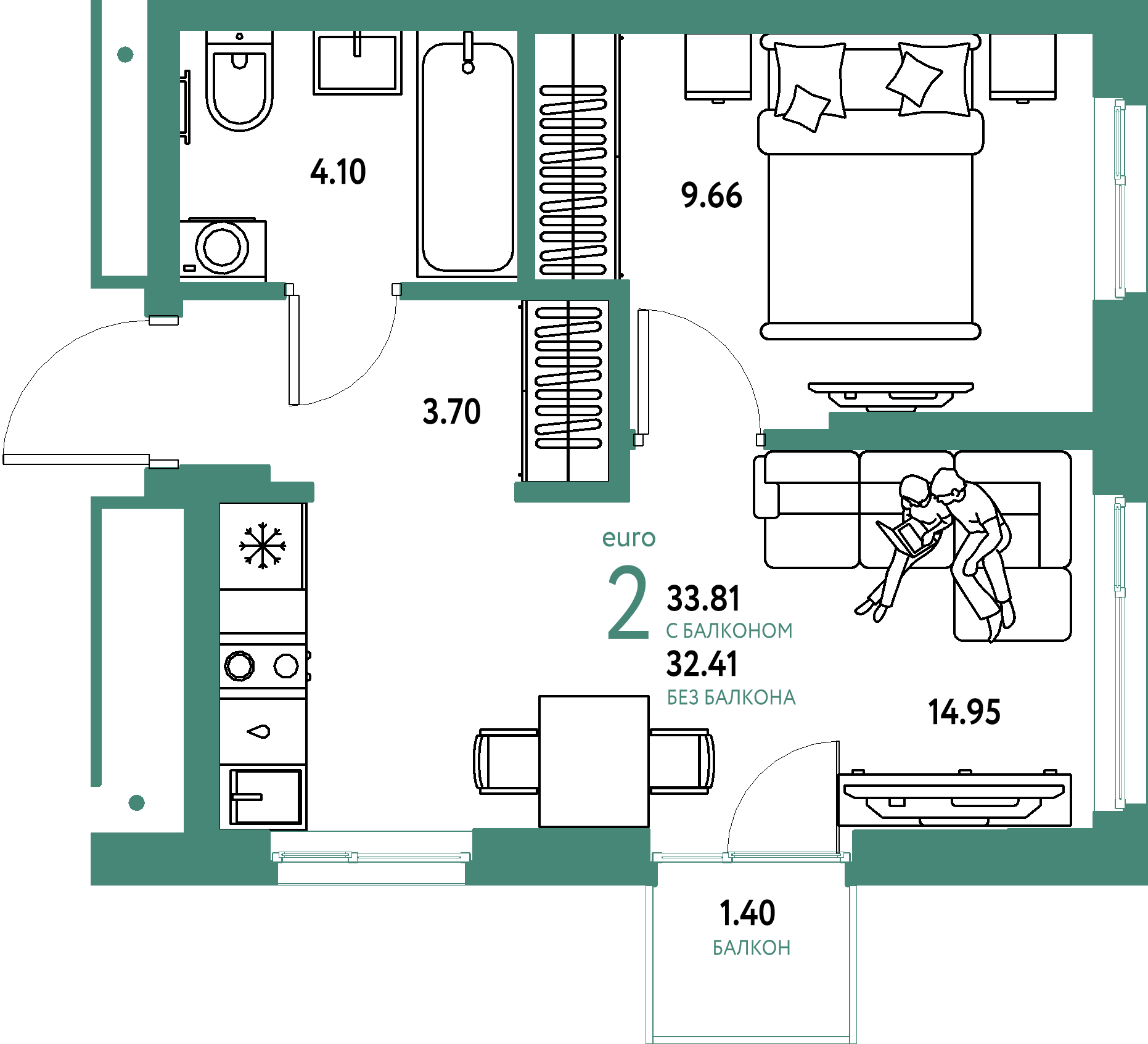 ЖК "Домашний"-2-комнатная 33.81 м²