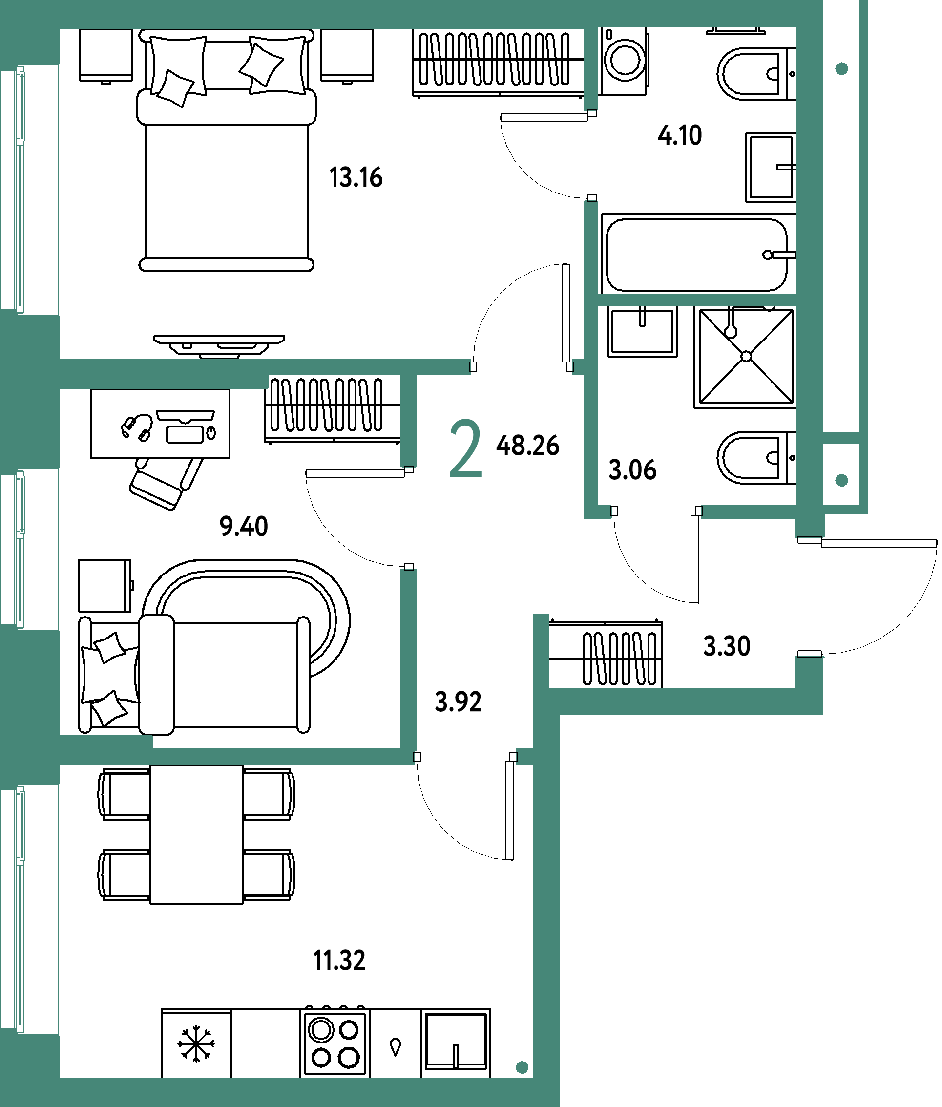 ЖК "Домашний"-2-комнатная 48.26 м²