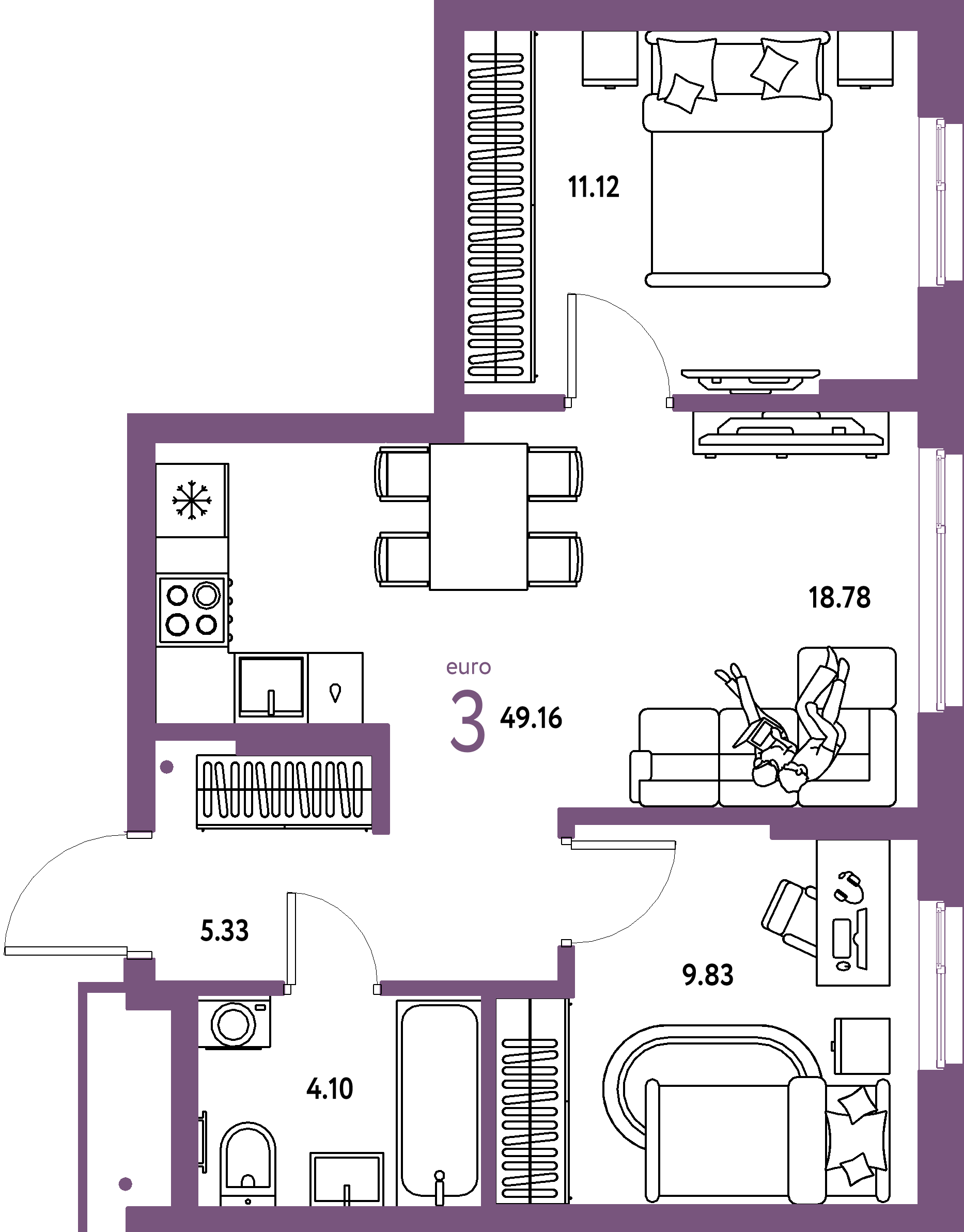 ЖК "Домашний"-3-комнатная 49.16 м²