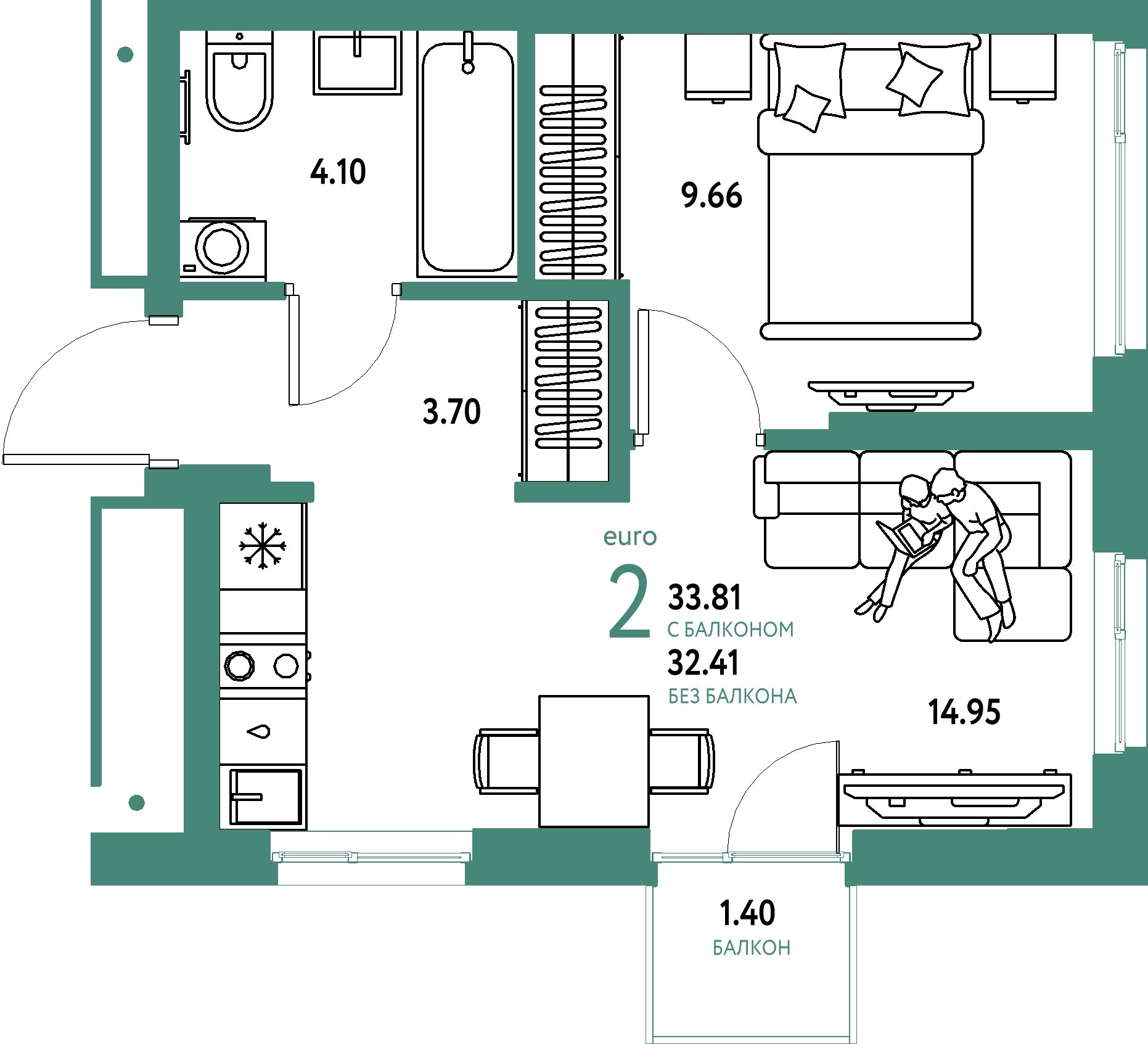 ЖК "Домашний"-2-комнатная 33.81 м²