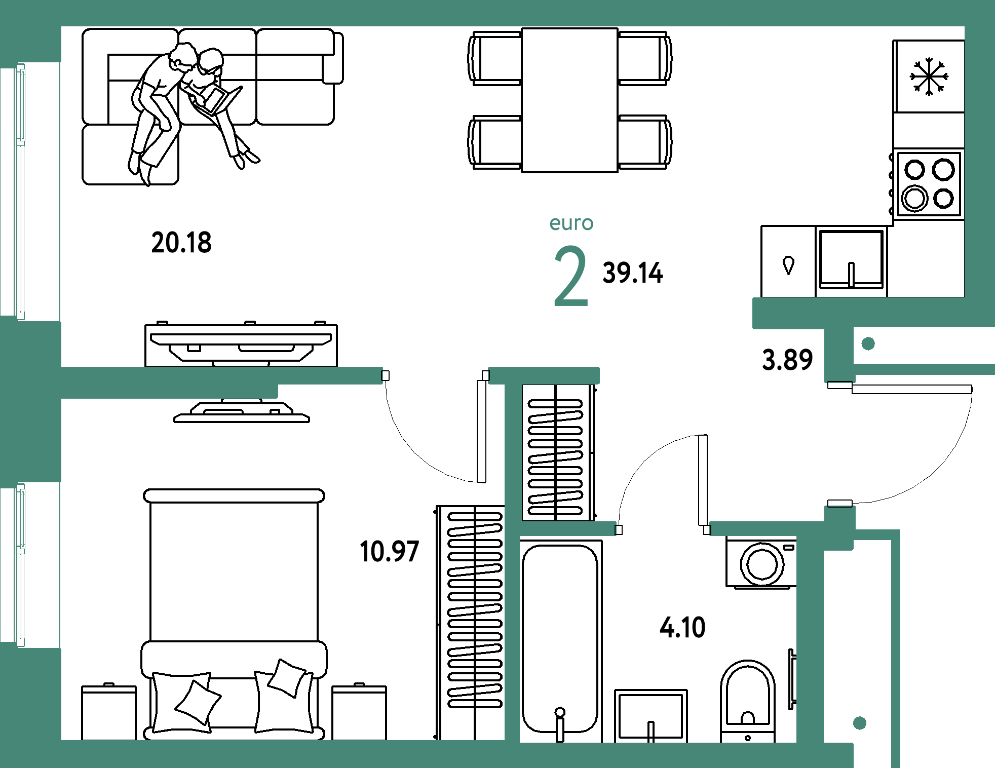 ЖК "Домашний"-2-комнатная 39.14 м²