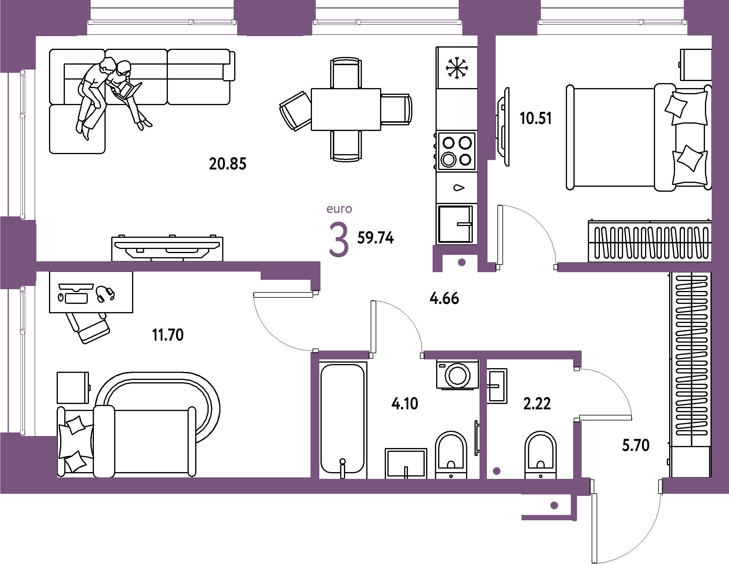 ЖК "Домашний"-3-комнатная 59.74 м²