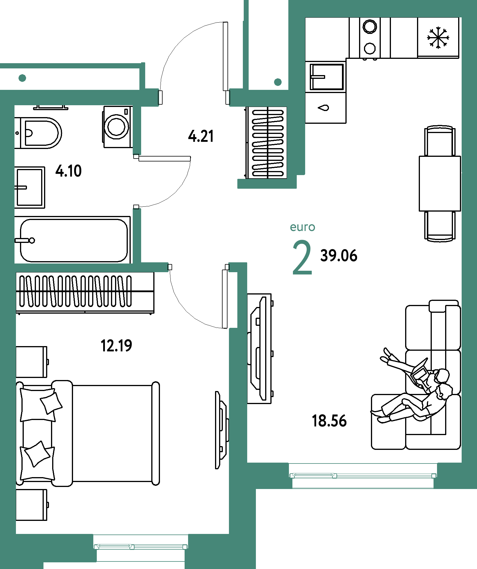 ЖК "Домашний"-2-комнатная 39.06 м²
