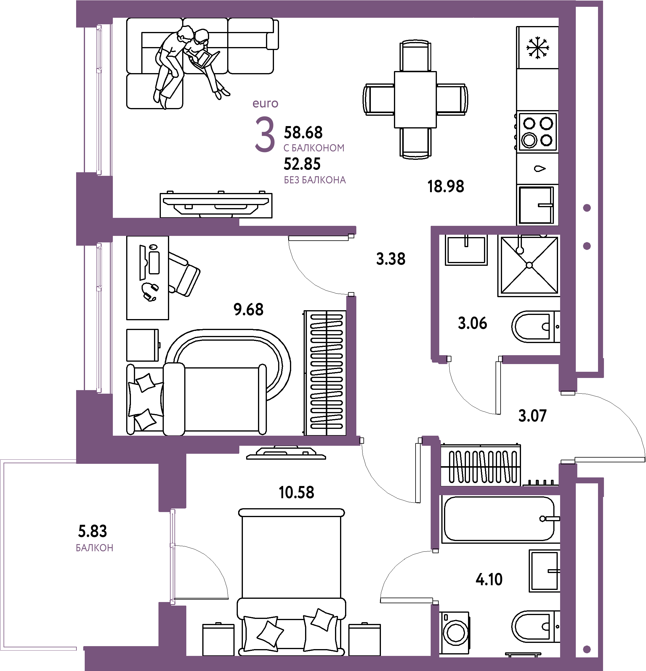 ЖК "Домашний"-3-комнатная 58.68 м²