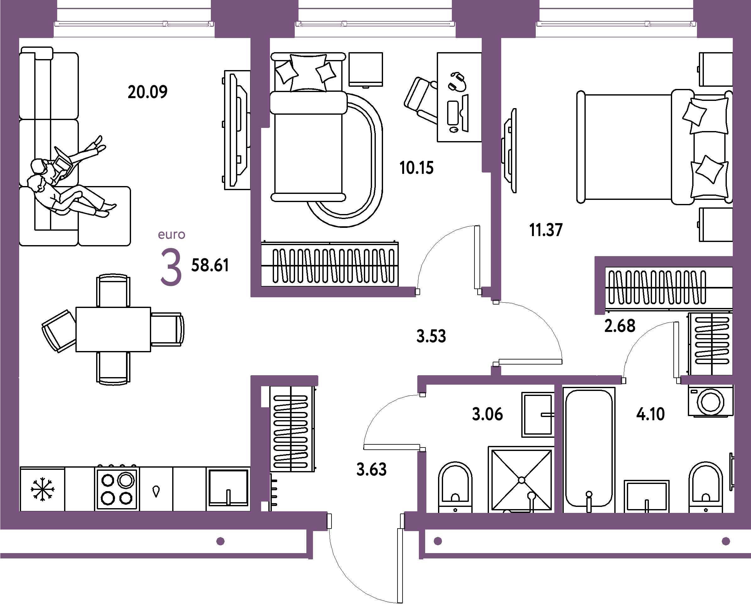 ЖК "Домашний"-3-комнатная 58.61 м²
