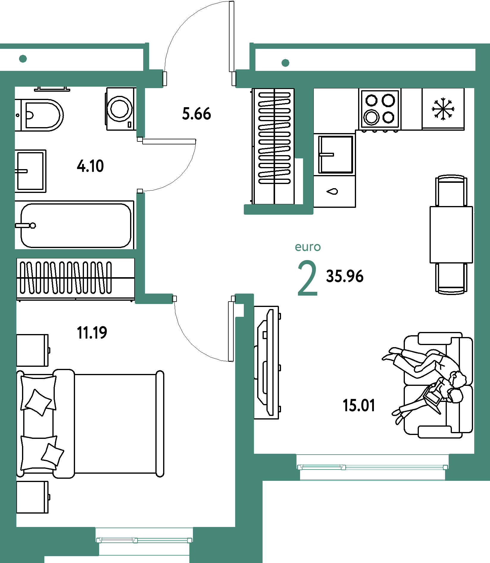 ЖК "Домашний"-2-комнатная 35.96 м²
