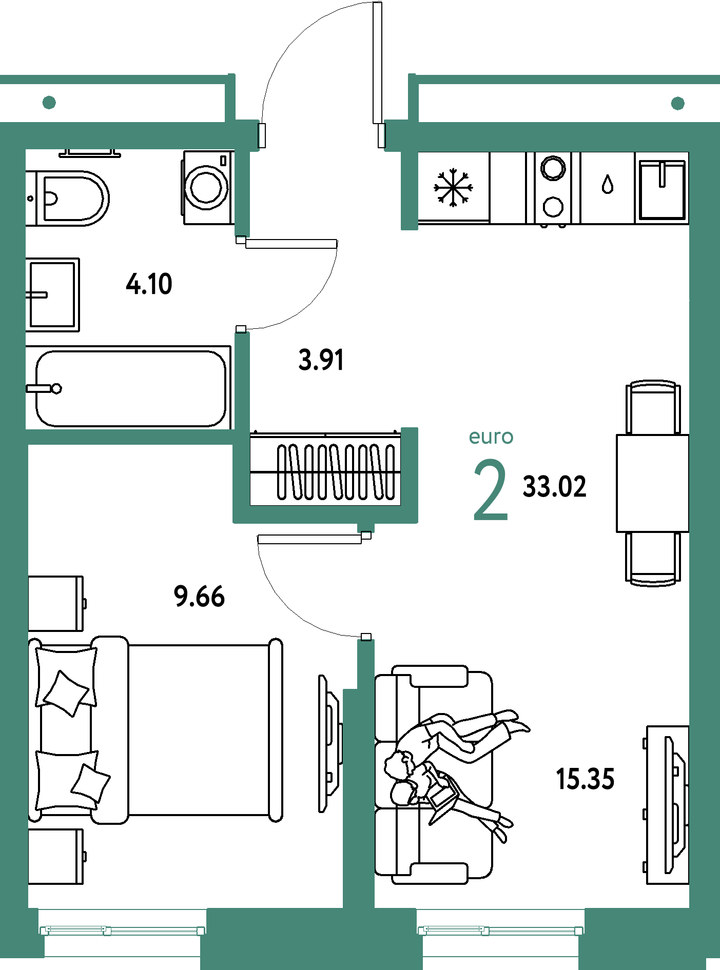 ЖК "Домашний"-2-комнатная 33.02 м²