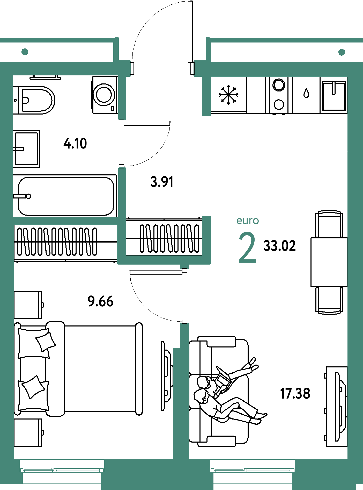 Купить 2-комнатную квартиру 33.02м², этаж №4 кв №288 в ЖК 