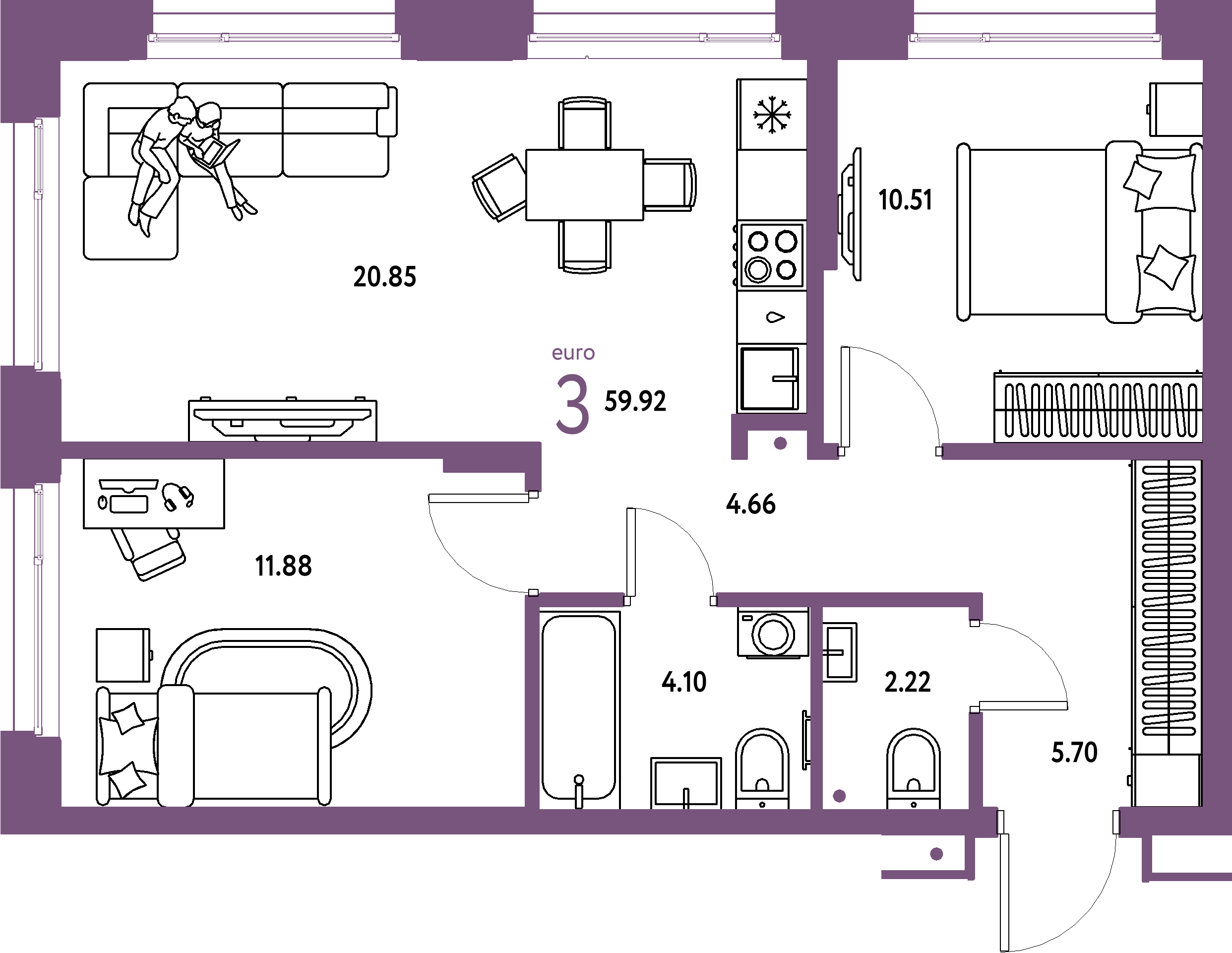 ЖК "Домашний"-3-комнатная 59.92 м²