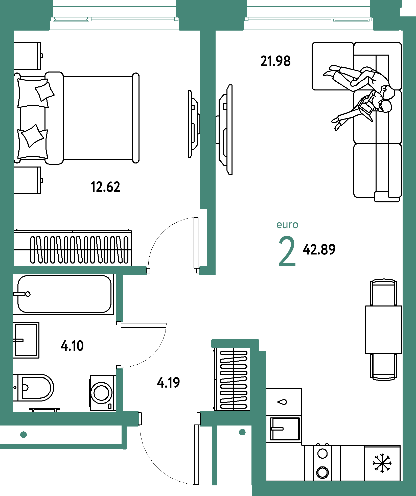 ЖК "Домашний"-2-комнатная 42.89 м²