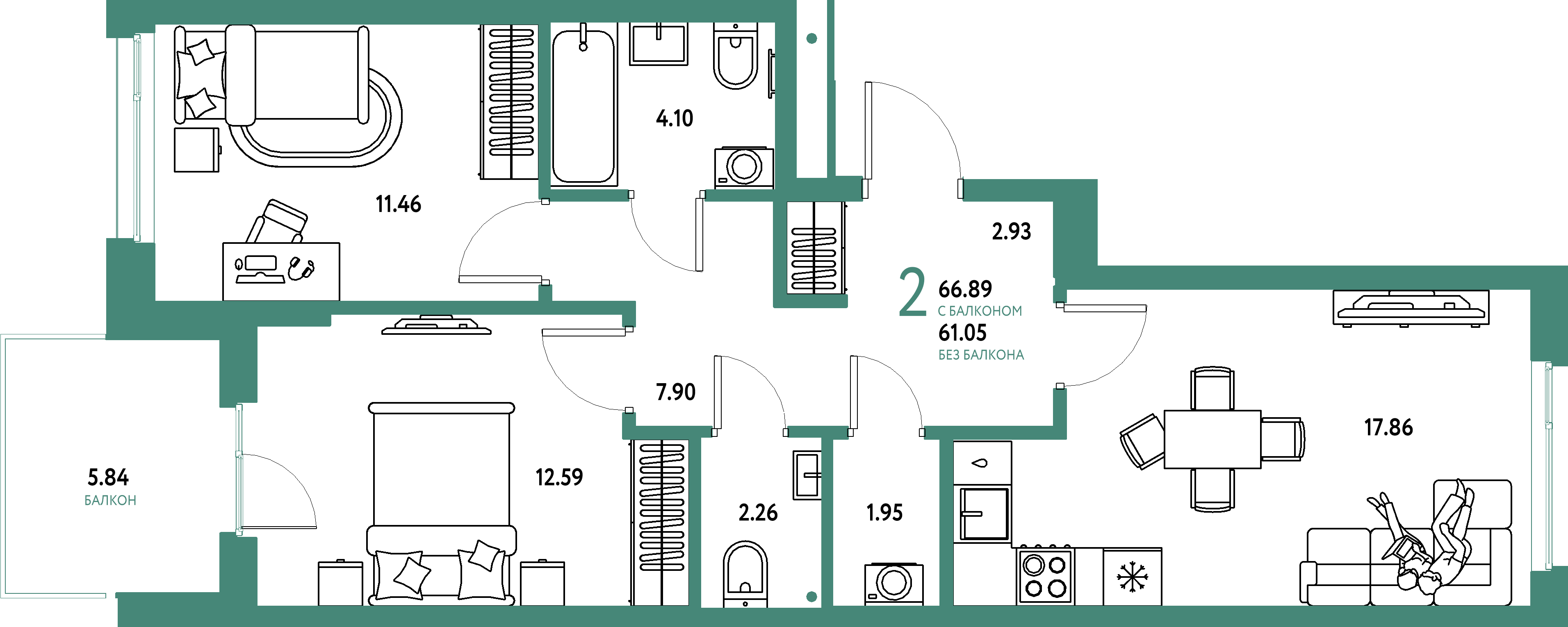 ЖК "Домашний"-2-комнатная 66.89 м²