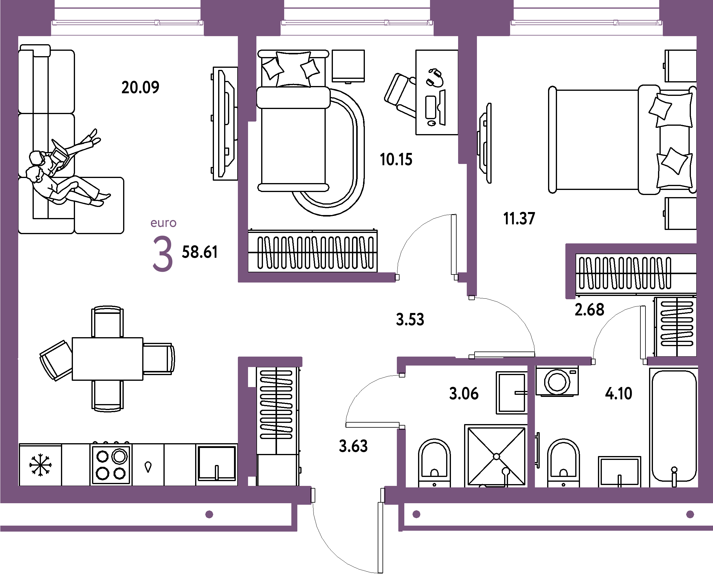 ЖК "Домашний"-3-комнатная 58.61 м²