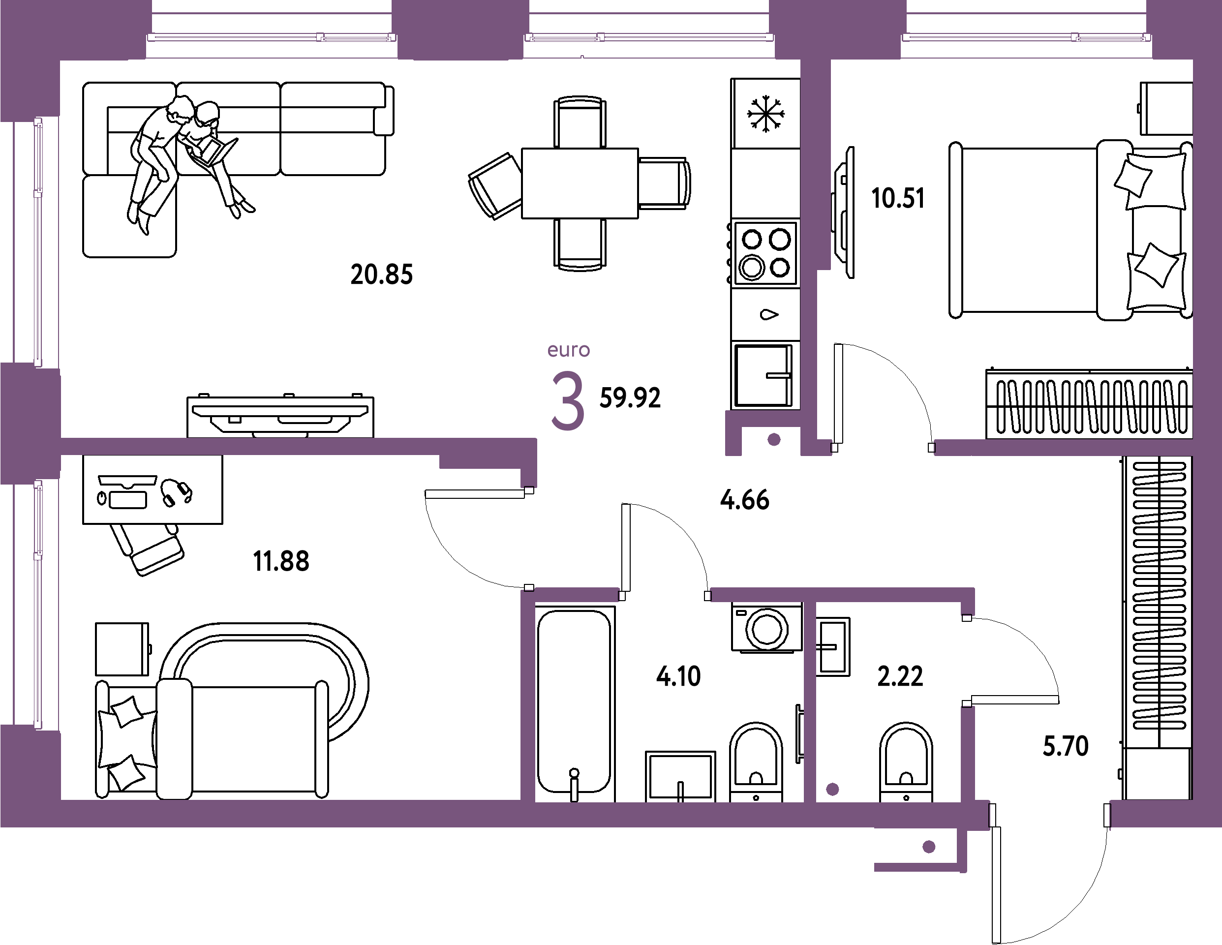 Купить 3-комнатную квартиру 59.92м², этаж №10 кв №347 в ЖК 