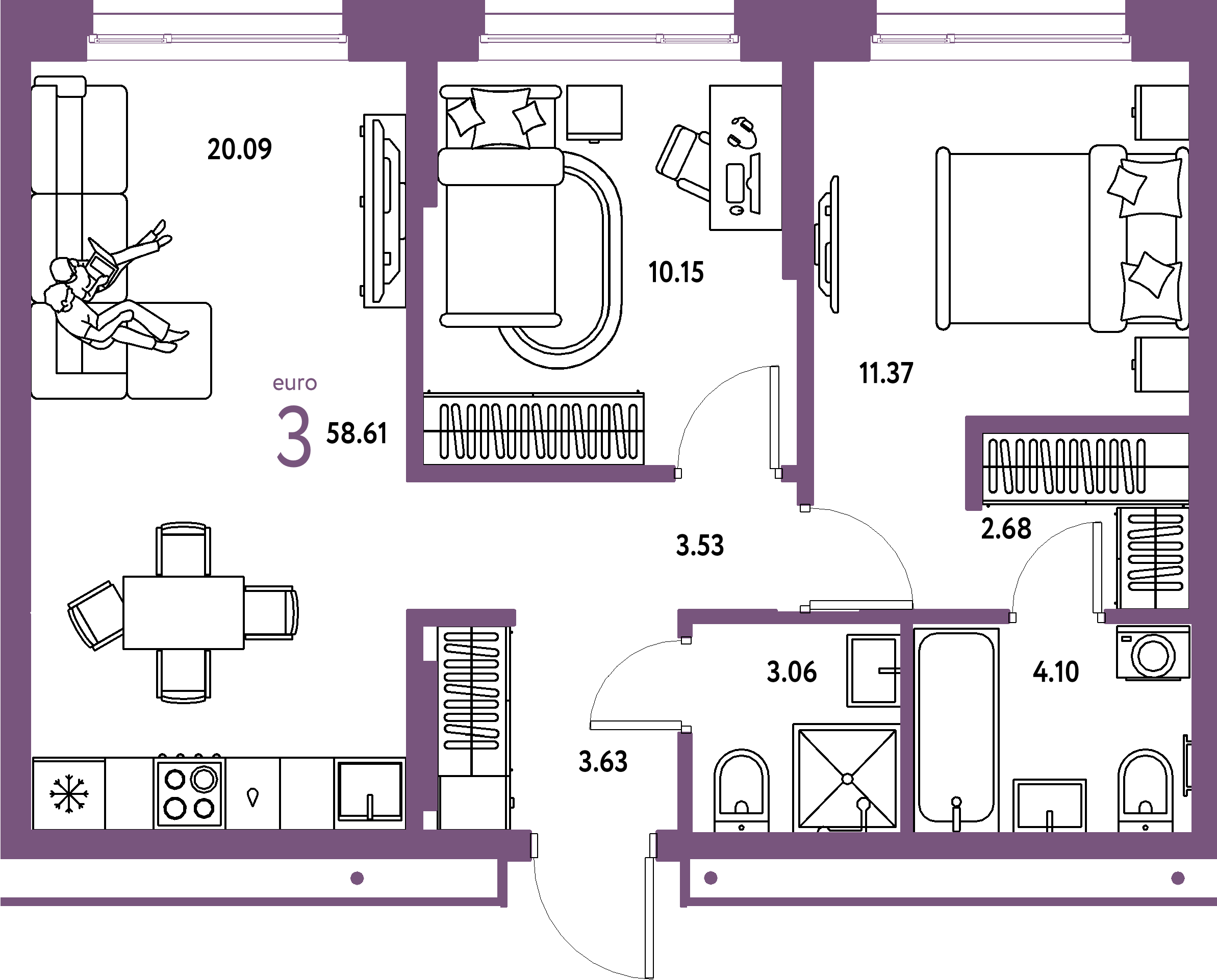 ЖК "Домашний"-3-комнатная 58.61 м²