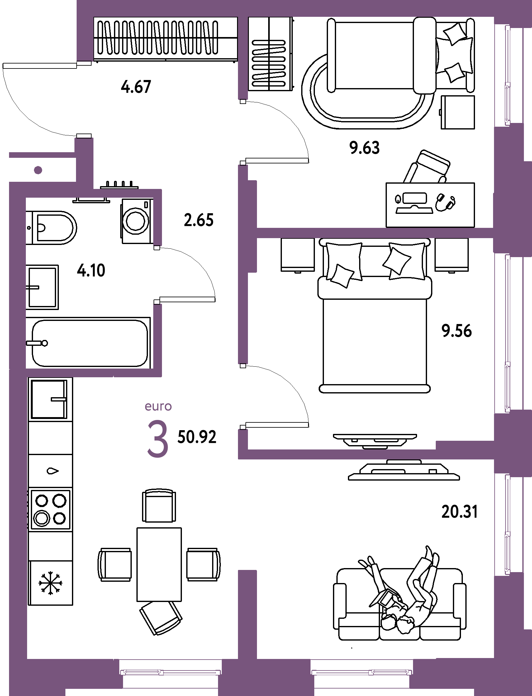 ЖК "Домашний"-3-комнатная 50.92 м²
