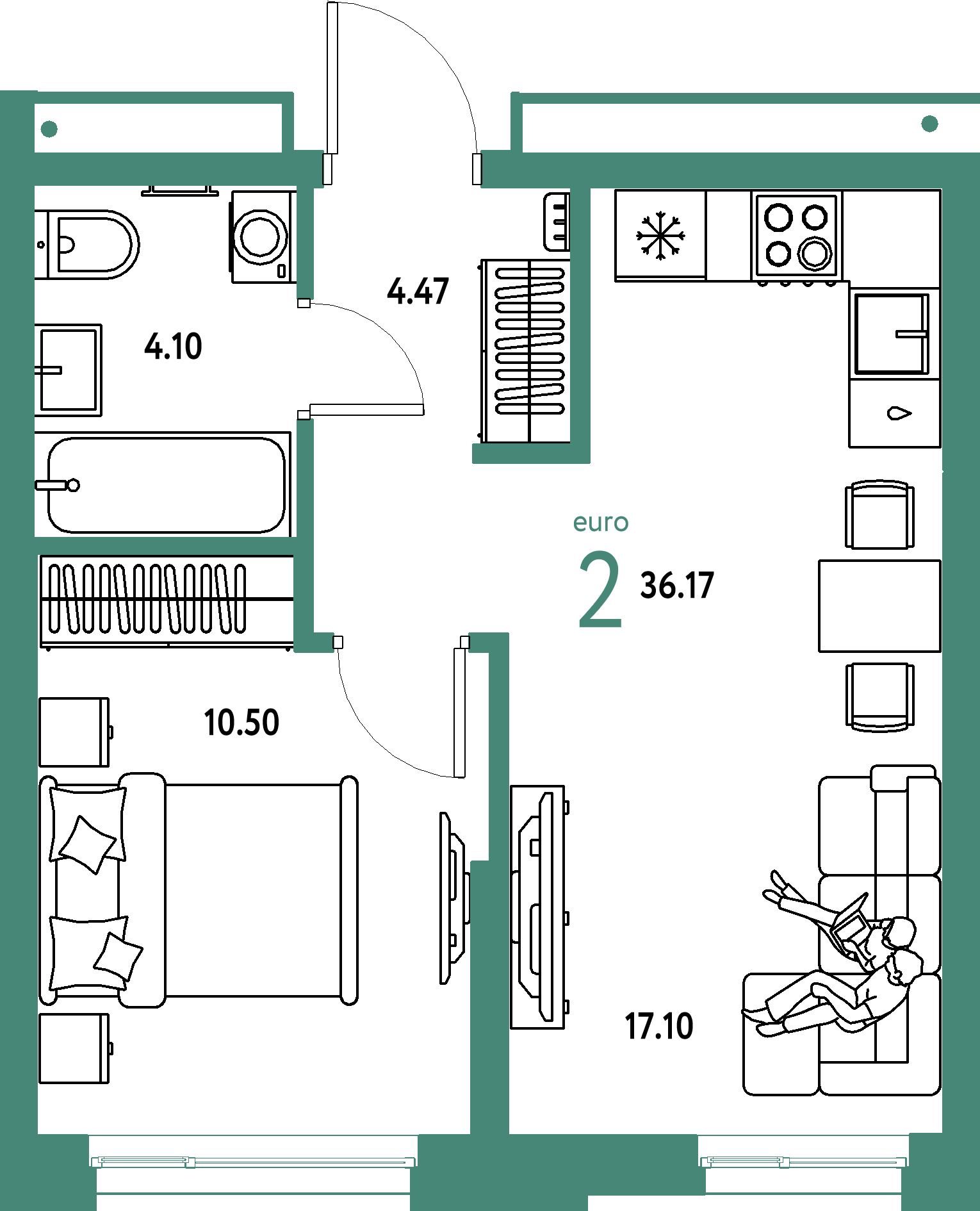 Купить 2-комнатную квартиру 36.17м², этаж №4 кв №383 в ЖК 