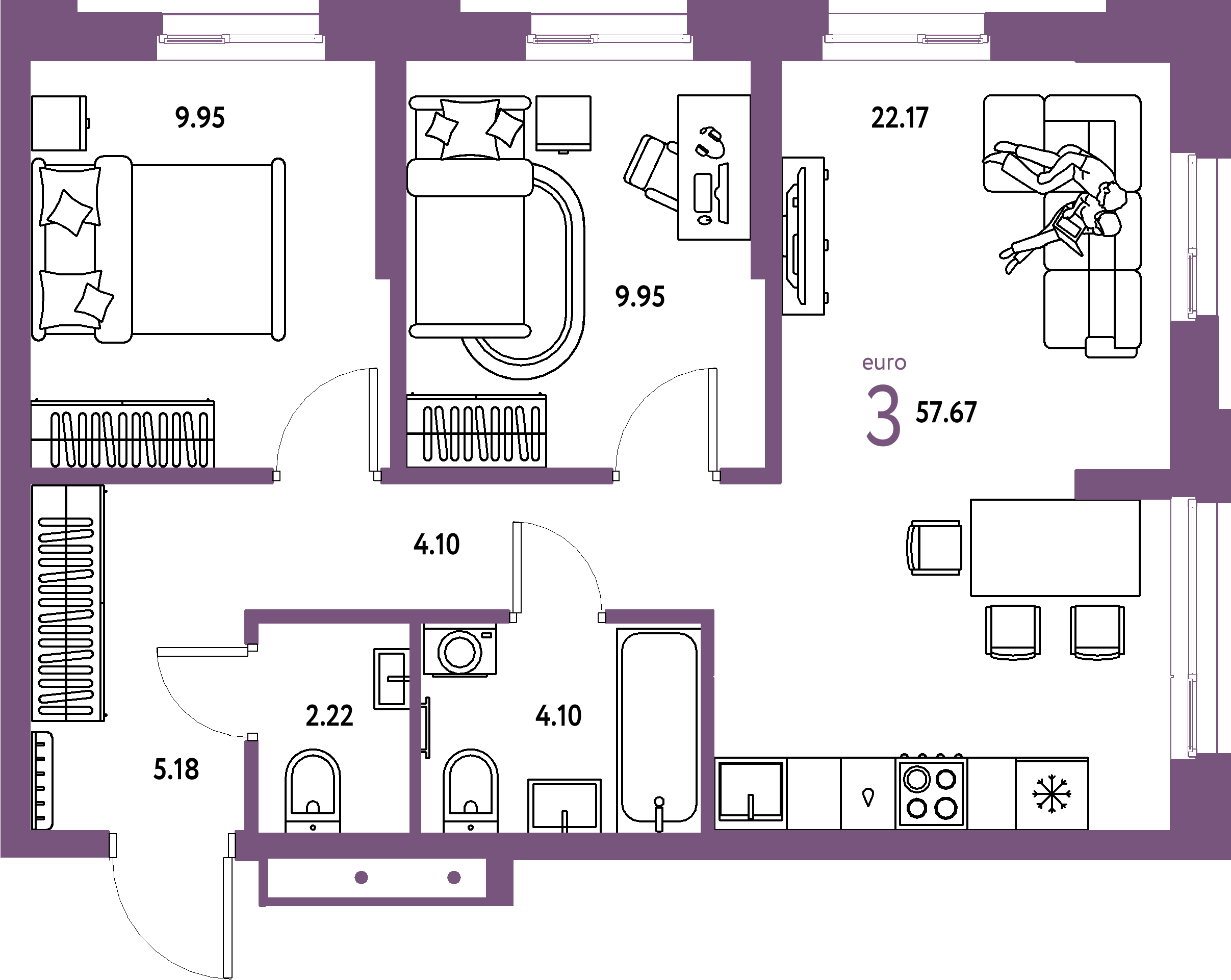 Купить 3-комнатную квартиру 57.67м², этаж №5 кв №385 в ЖК 