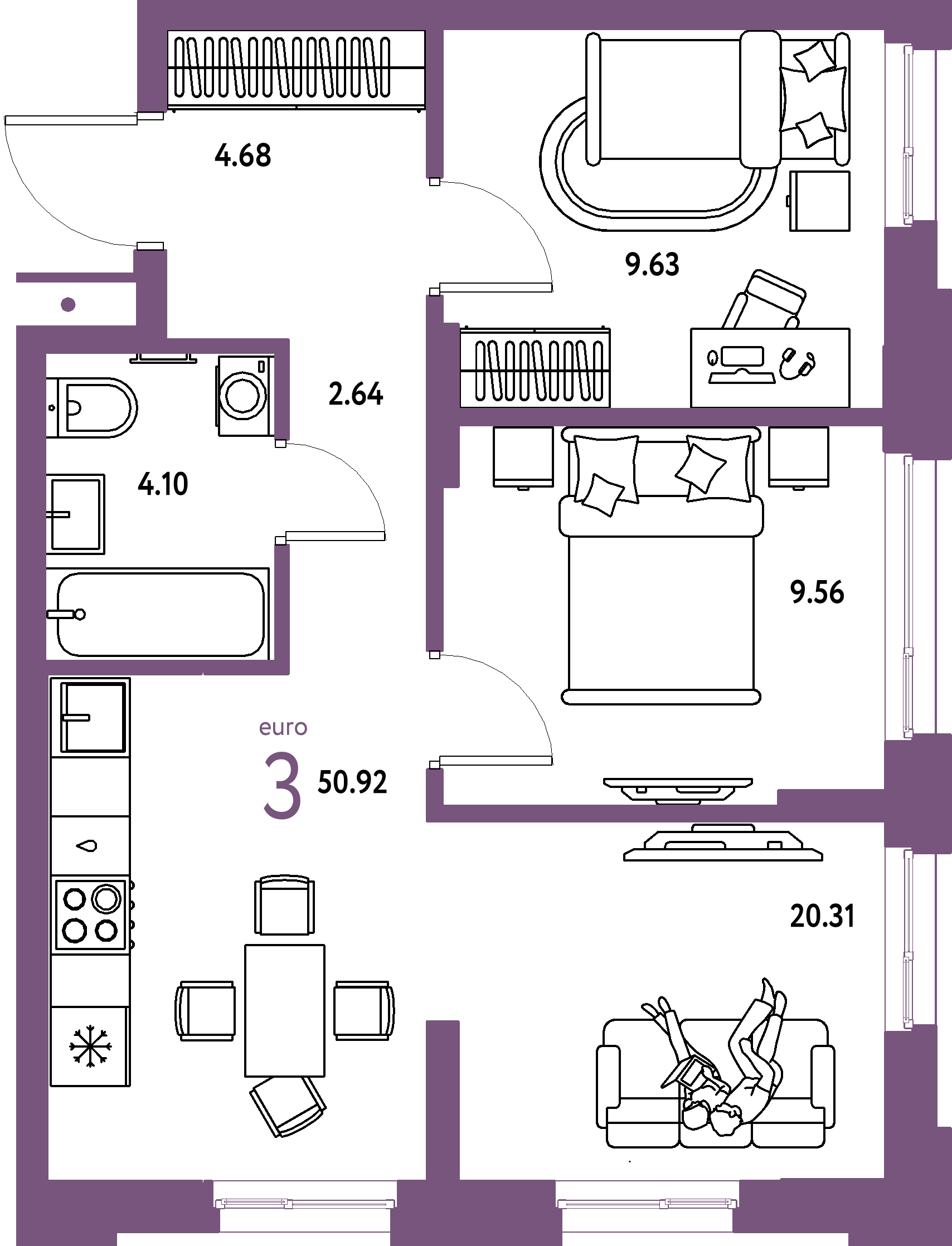 ЖК "Домашний"-3-комнатная 50.92 м²