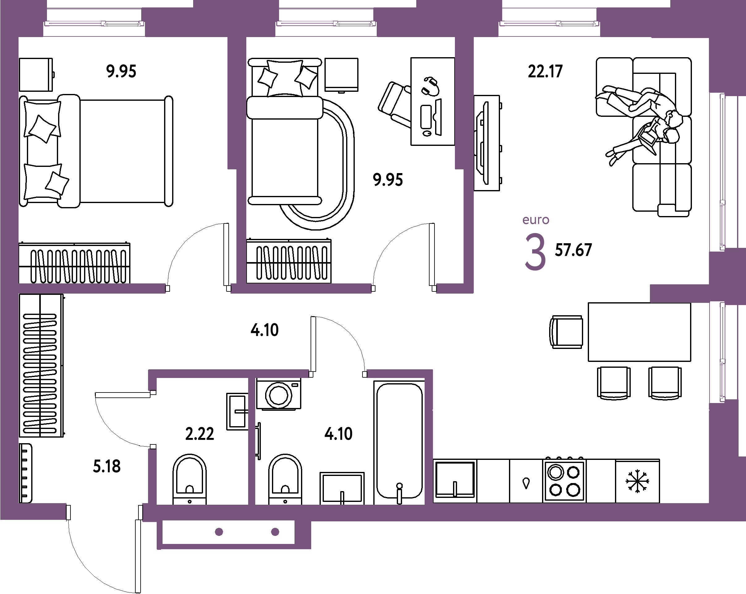 ЖК "Домашний"-3-комнатная 57.67 м²