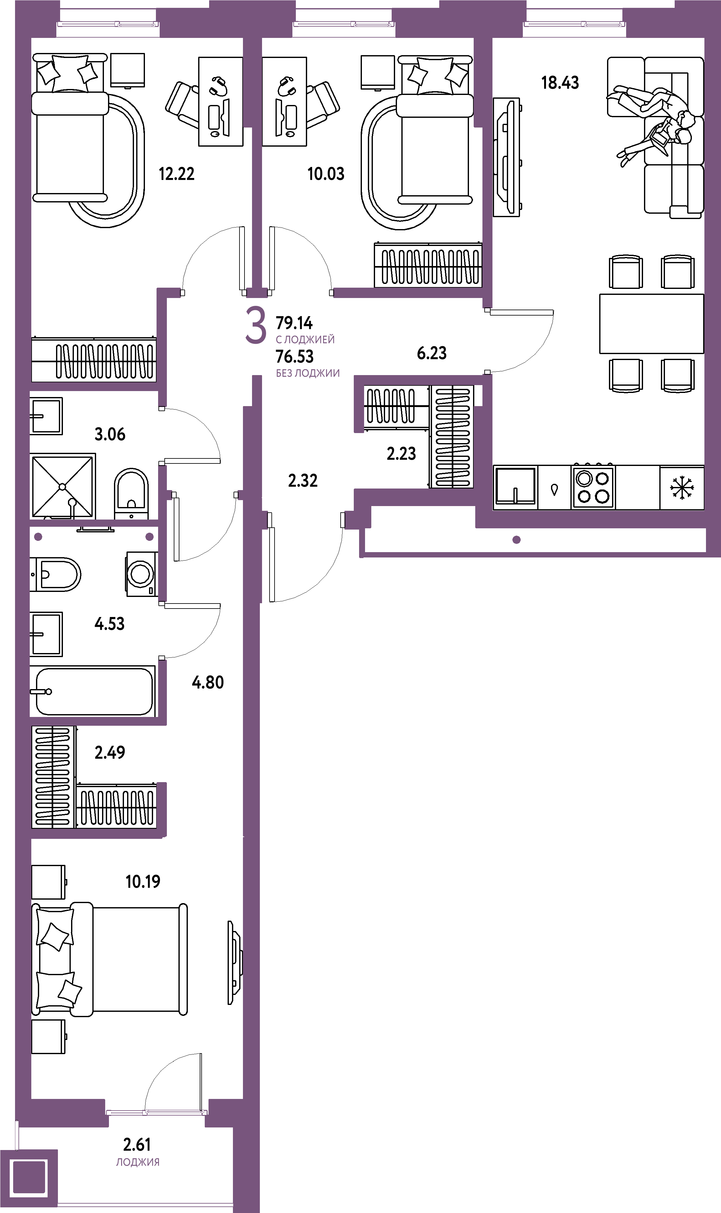 ЖК "Домашний"-3-комнатная 79.14 м²