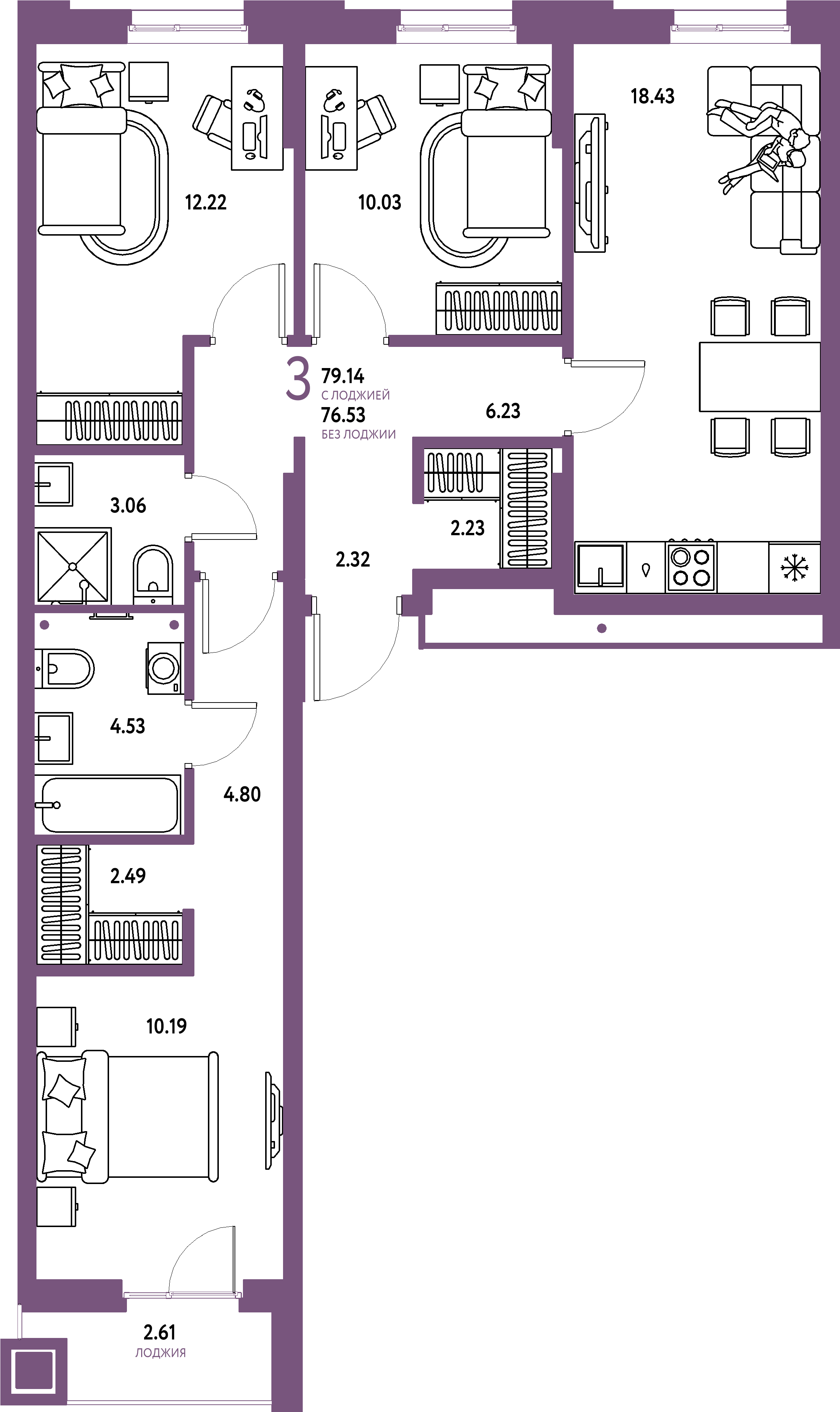 ЖК "Домашний"-3-комнатная 79.14 м²