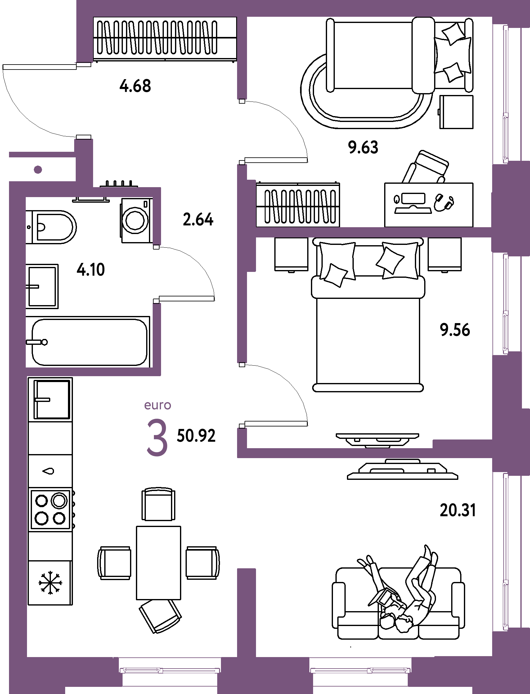 ЖК "Домашний"-3-комнатная 50.92 м²