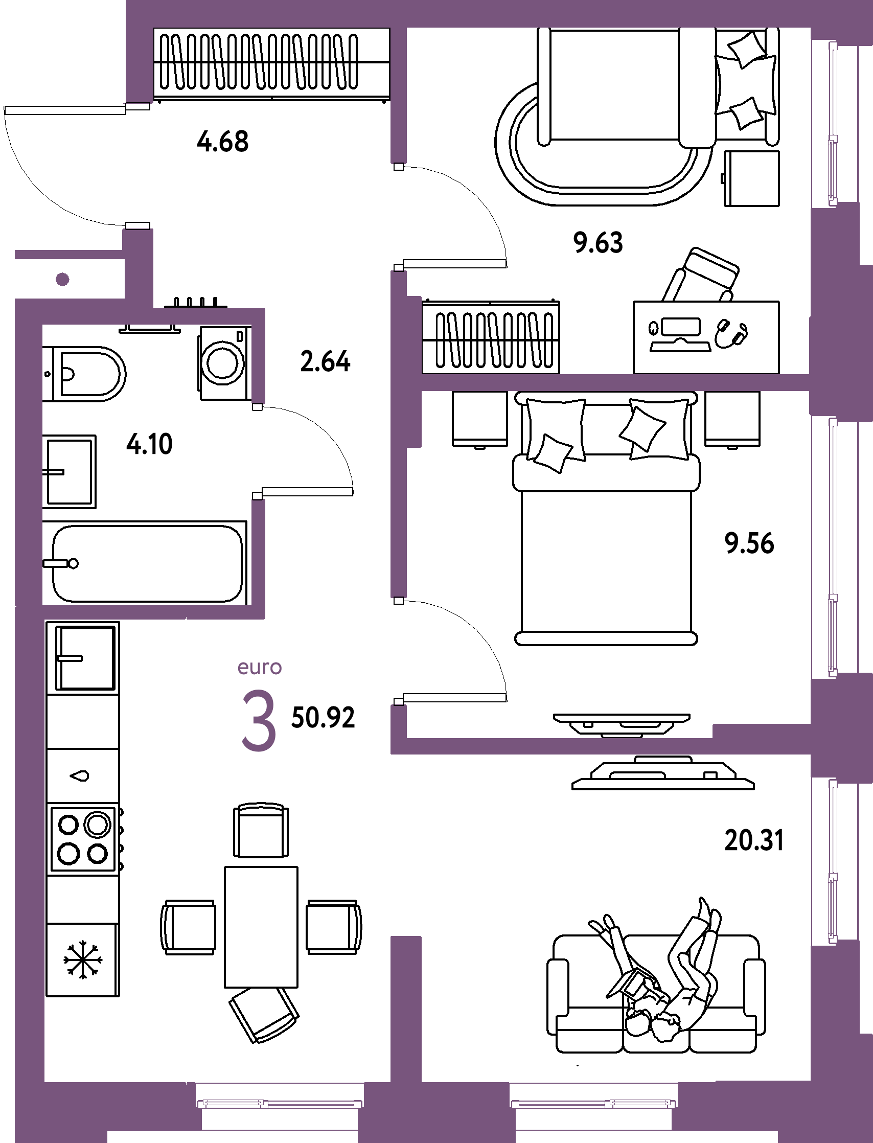 ЖК "Домашний"-3-комнатная 50.92 м²