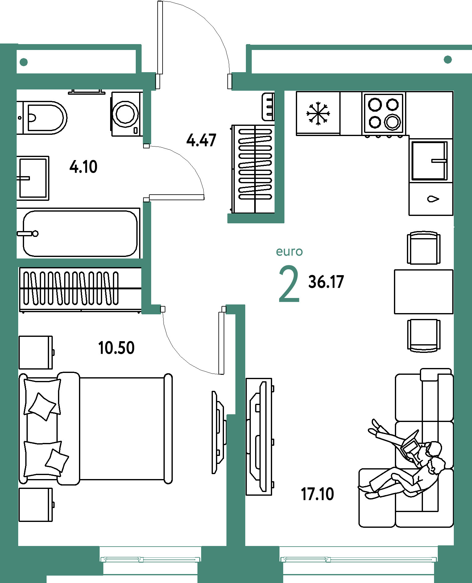 Купить 2-комнатную квартиру 36.17м², этаж №9 кв №413 в ЖК 