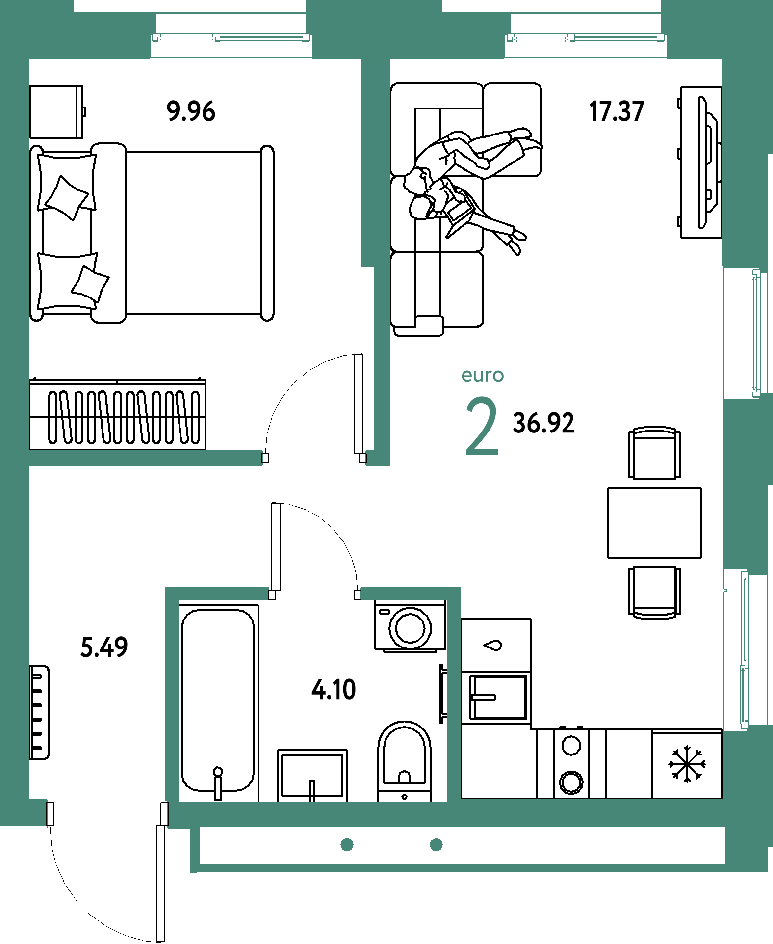 ЖК "Домашний"-2-комнатная 36.92 м²