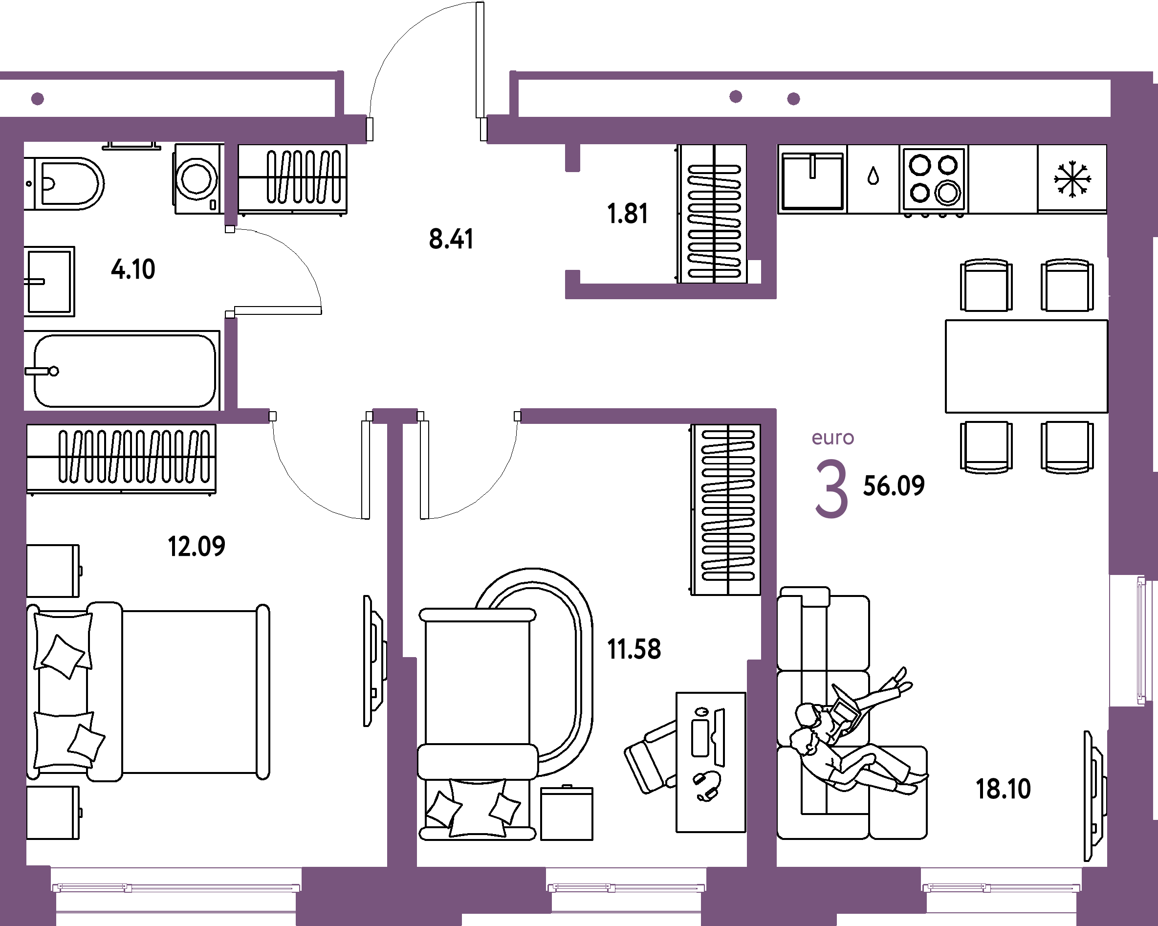 ЖК "Домашний"-3-комнатная 56.09 м²