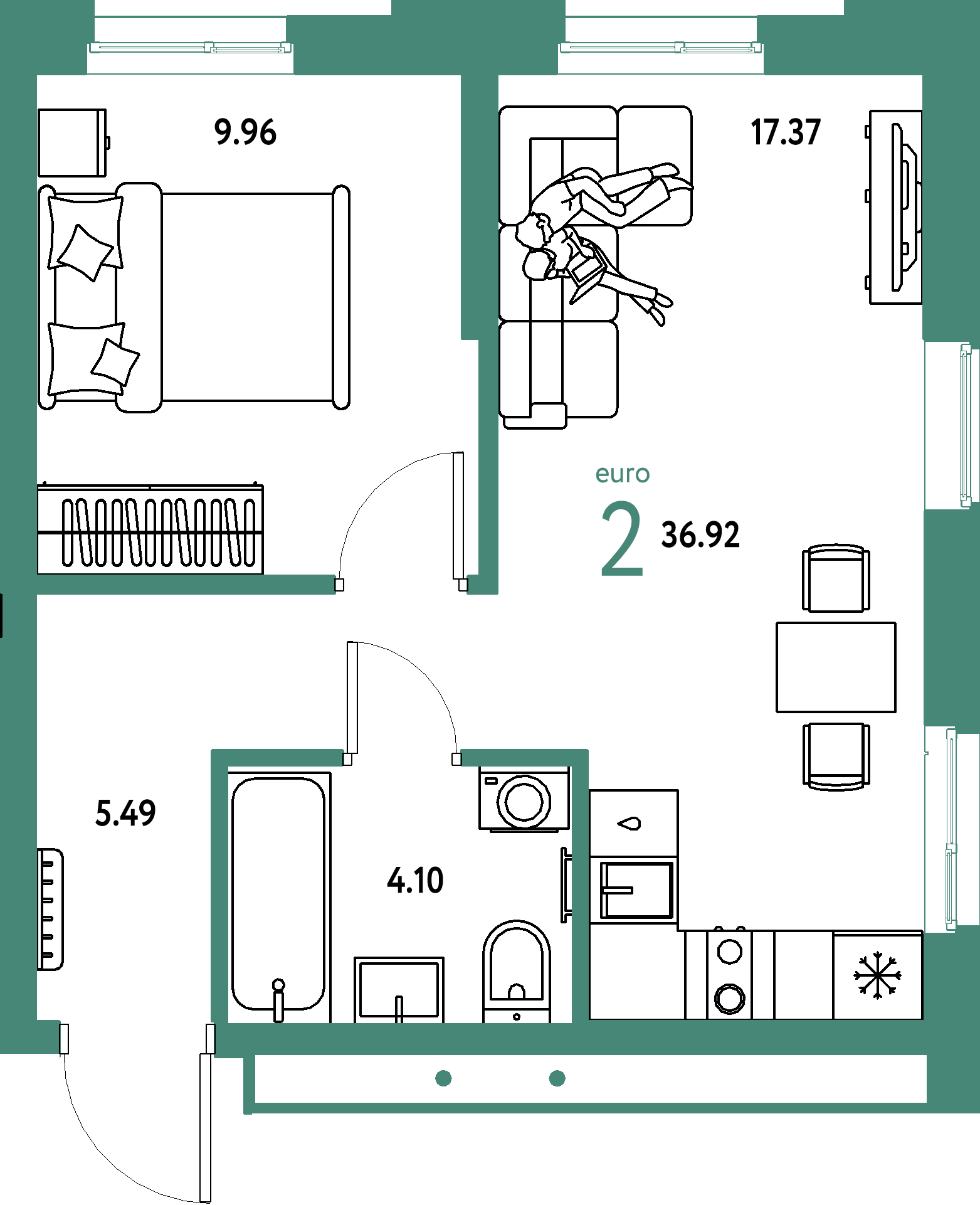 ЖК "Домашний"-2-комнатная 36.92 м²