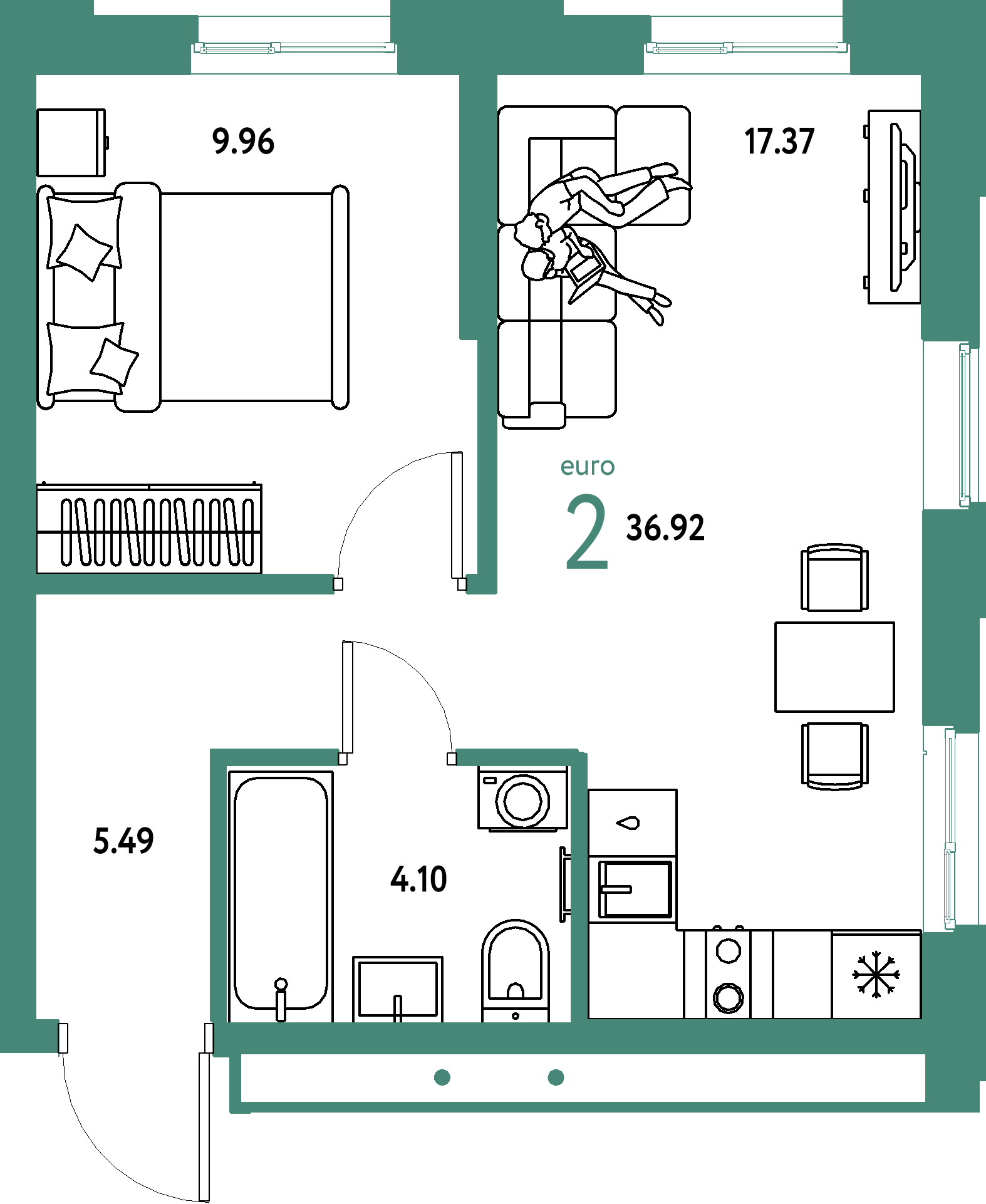 ЖК "Домашний"-2-комнатная 36.92 м²